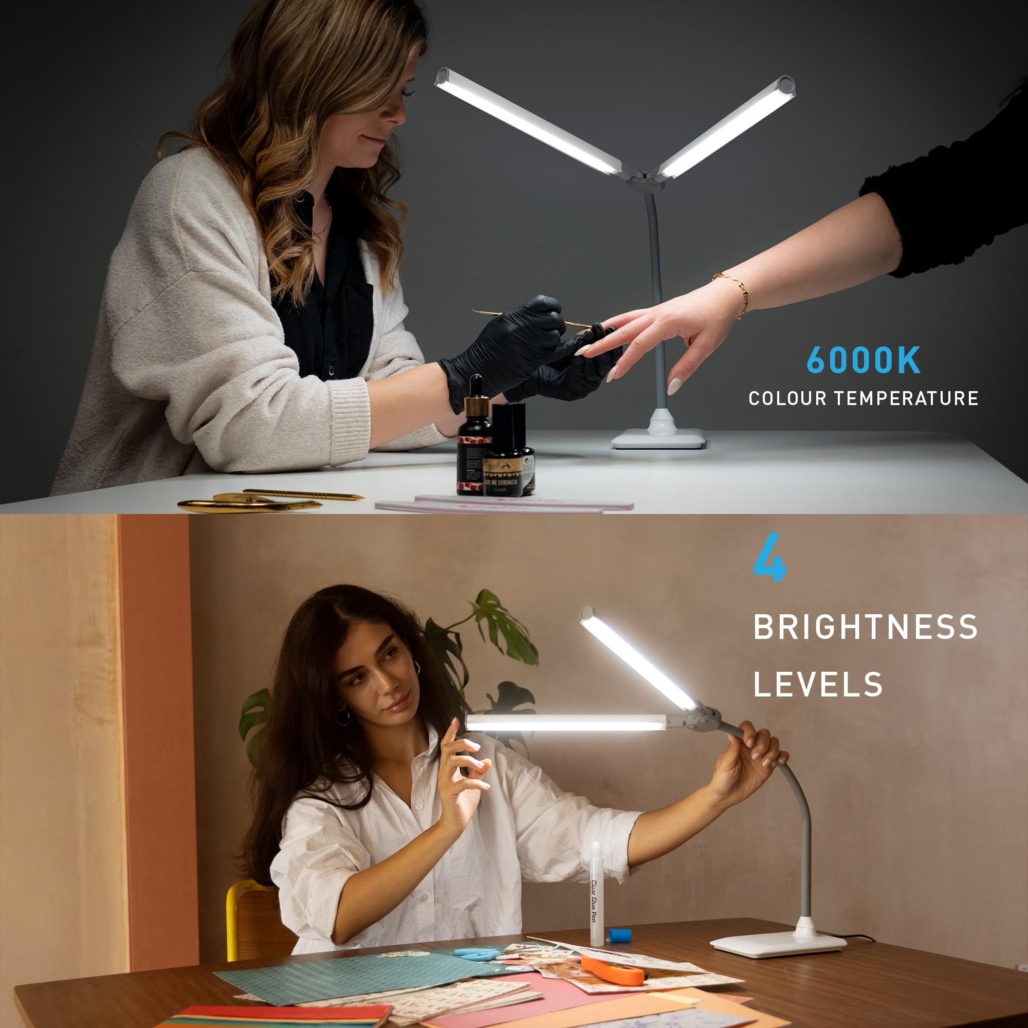 Daylight Duoprotable Lamp - Double Shade Led Task Lamp, 4 Brightness Levels, 6,000K, 2,100 Lux, Anti-Glare, Flexible Arm, Touch
