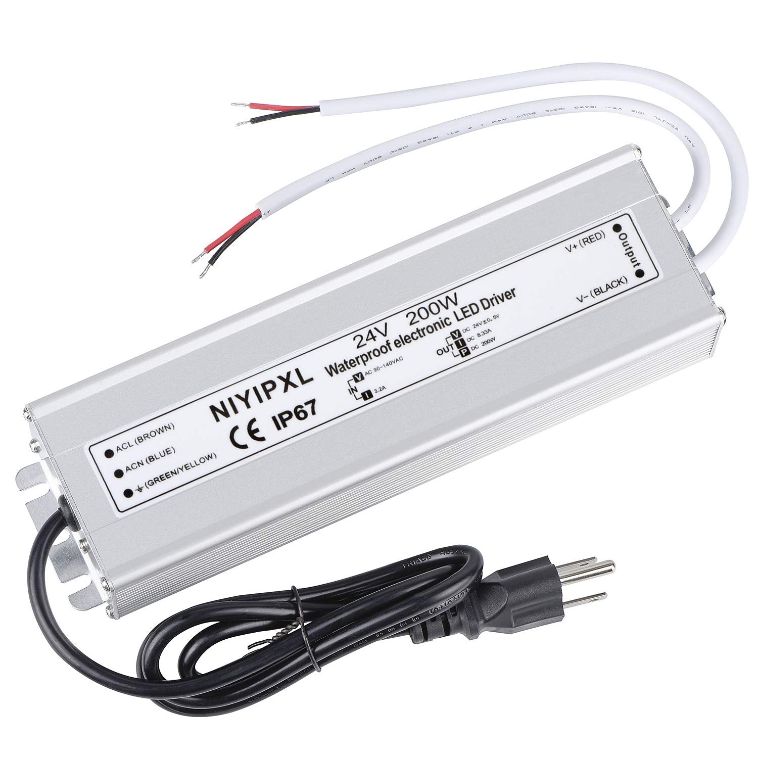 LED Driver 200 Watts 24V DC Low Voltage Transformer, Waterproof IP67 LED Power Supply, Adapter with 3-Prong Plug 3.3 Feet Cable 