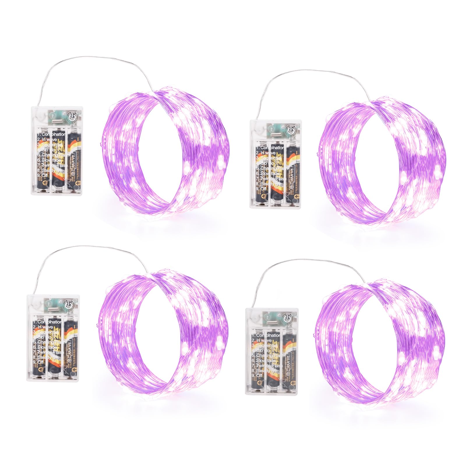 Sinamer Purple Fairy Lights Battery Operated (Included)  8 Modes & Auto Timer  4 Packs 5M 50Led Mini Twinkle Silver Wire Firefly Starry Lights  Waterproof Battery Operated Lights For Tree Bottle