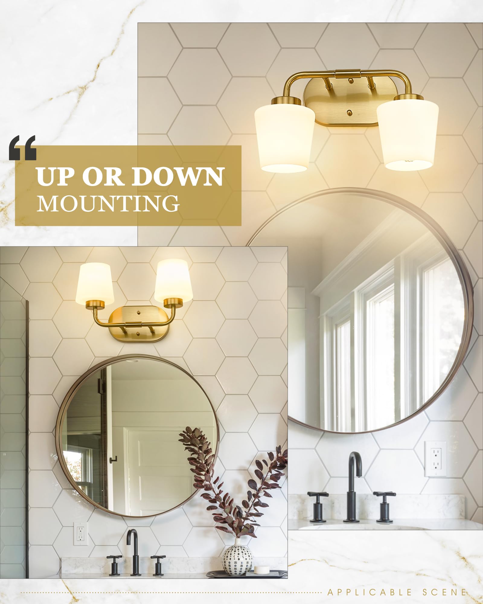 Audickic Brushed Gold Bathroom Vanity Light, Farmhouse Brass Sconces Wall Lighting with Milk White Glass, Champagne Bronze Light
