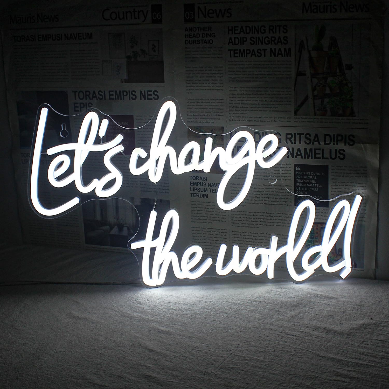 Horseneon Neon LED Sign, Wall Decor, USB Powered, White Acrylic, inLets Change the Worldin 