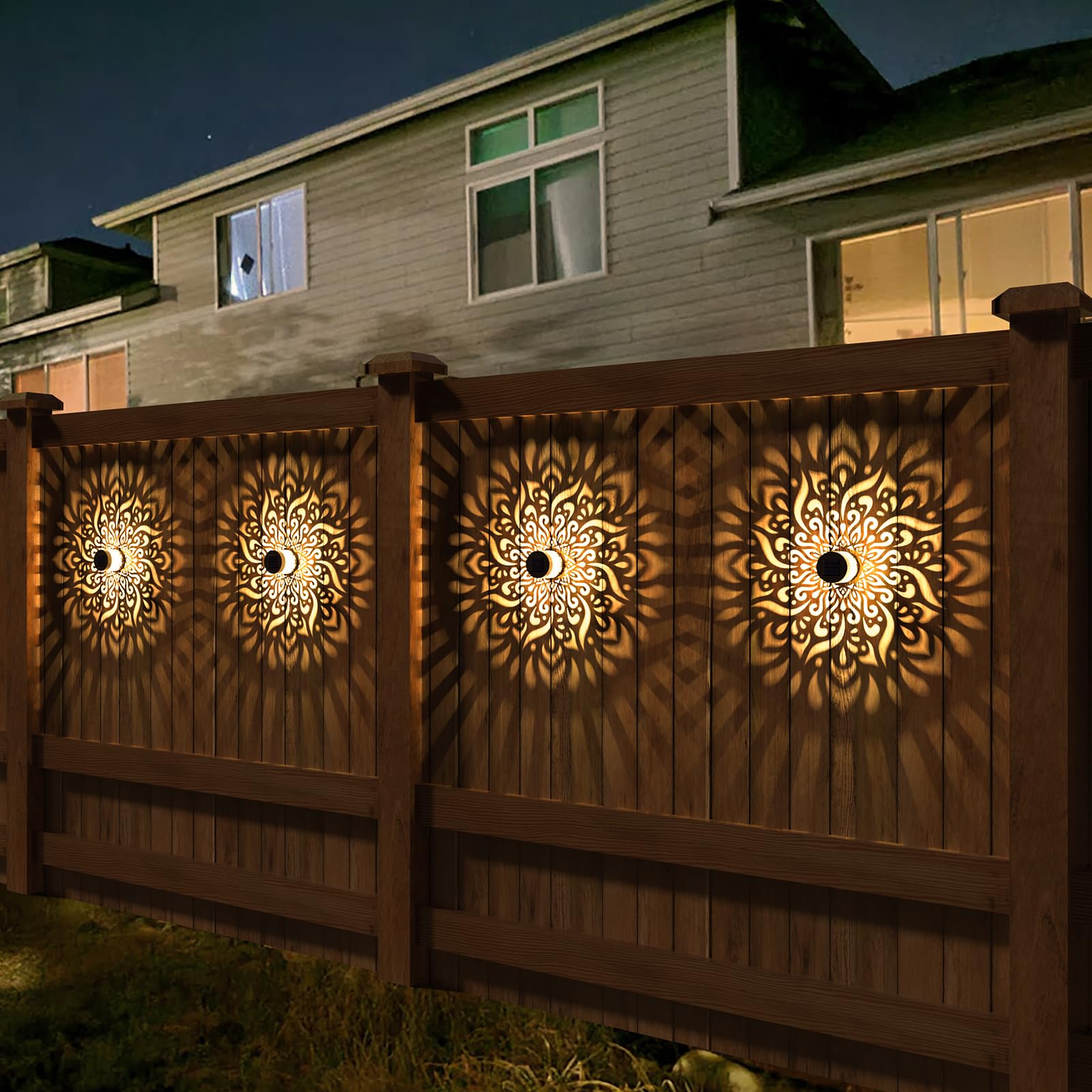 gardencave Solar Fence Lights - 4 Pack Metal Waterproof Outdoor Wall Deck Step Lights - Mandala Theme