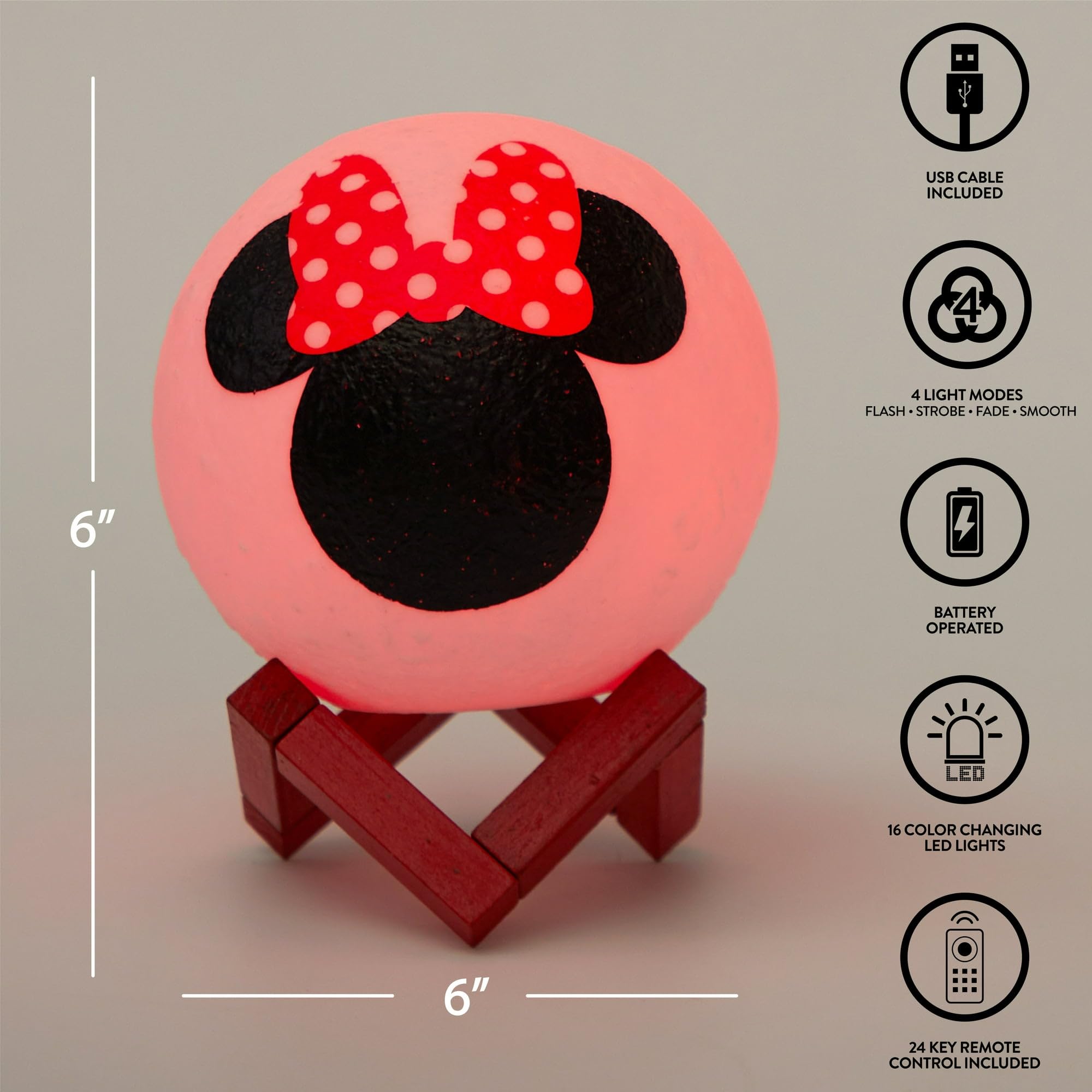 Idea Nuova Disney Minnie Mouse 6&quot; Led Color Changing Moon Light,Battery Or Usb Operated