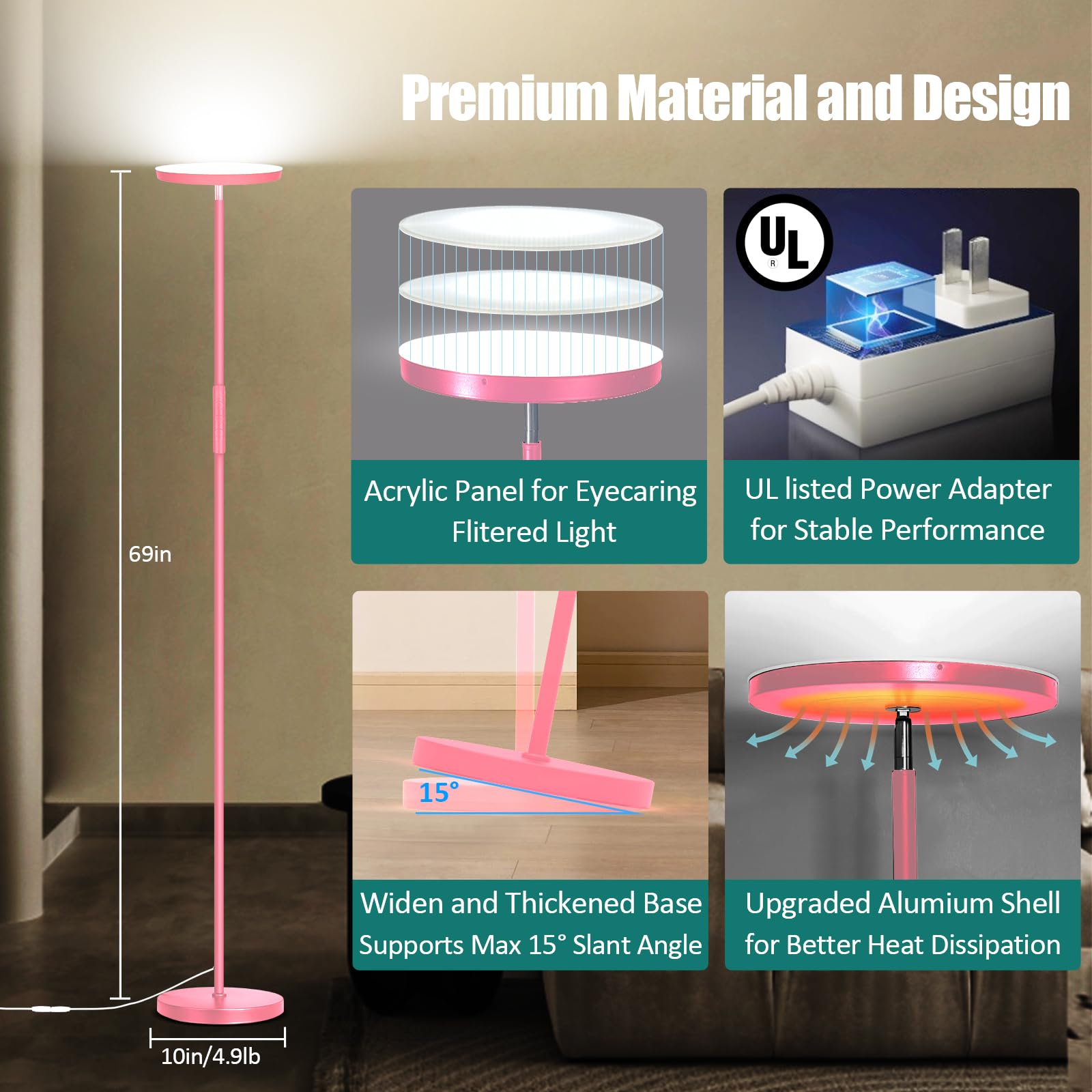 Mukuxin Pink Floor Lamp, 40W Super Bright Floor Lamps For Living Room Bedroom With Remote & Timer, Torchiere Led Floor Lamp 2700