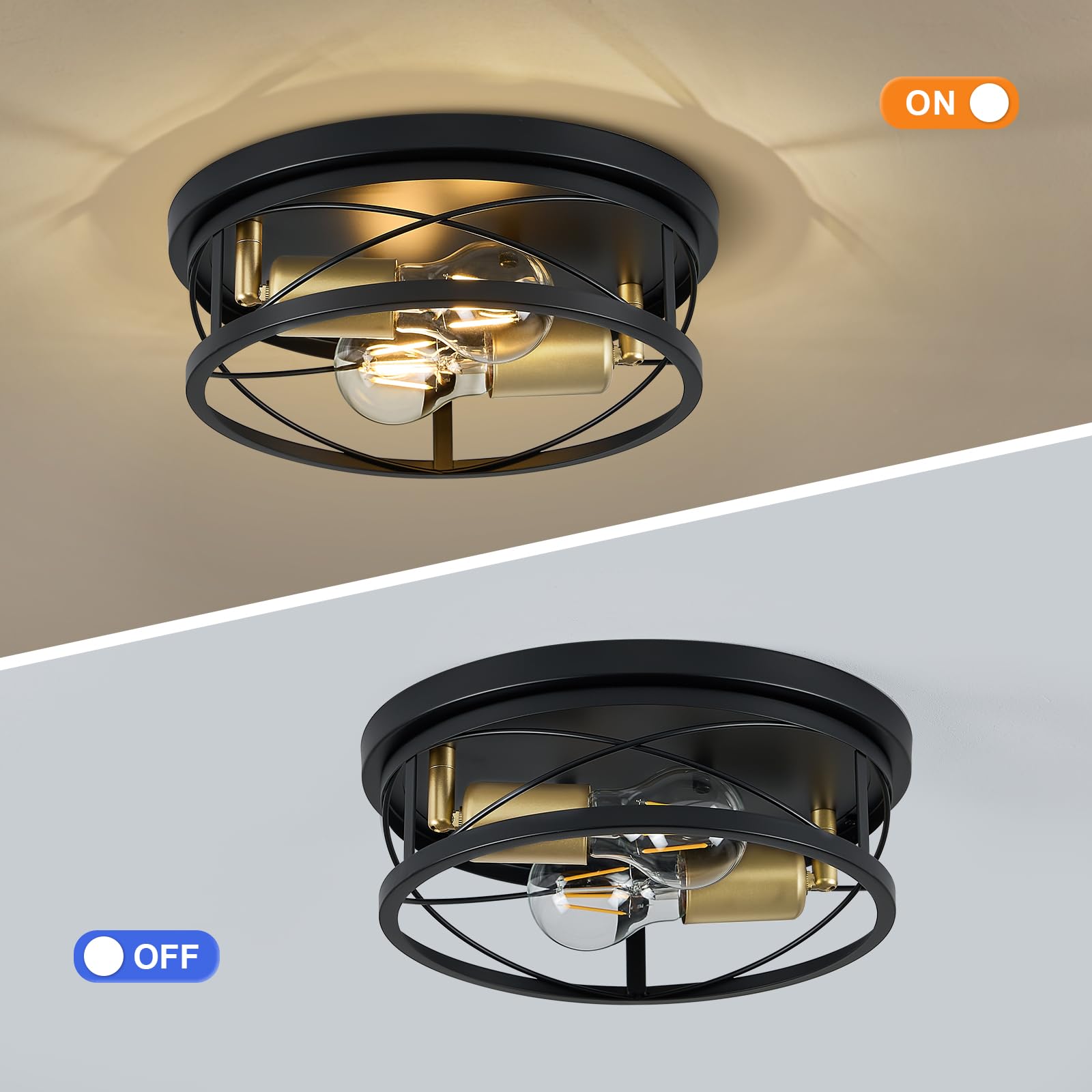 Violoemi Farmhouse Lights Black And Gold Industrial Flush Mount Ceiling Light  Ceiling Lamp Farmhouse Lighting Fixture For Hallway  Bedroom  Kitchen  Entrance  2-Light