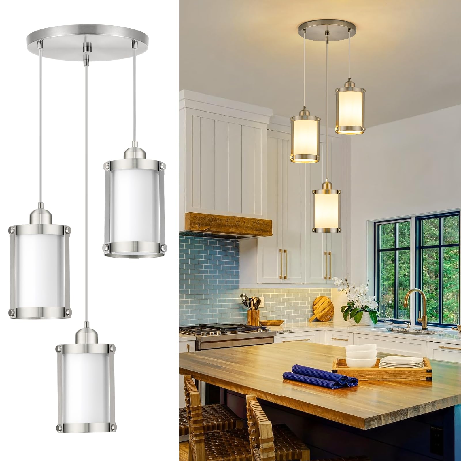 Osimir 3-Light Pendant Lighting, Brushed Nickel Dining Room Chandelier Light Fixture Over Table with Milk Glass, Modern Cluster 
