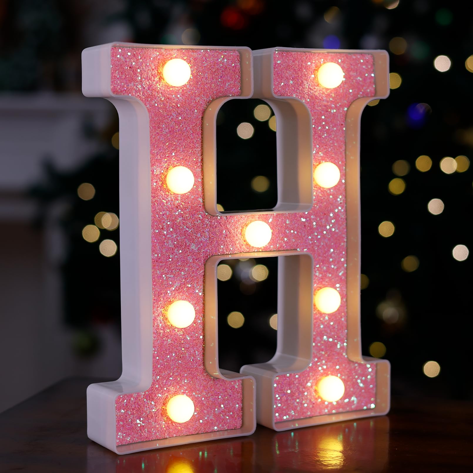 TRONSBOO LED Marquee Letter H - Pink Glitter, Battery Powered, 7.36in x 8.58in x 1.57in, Plastic Sign for Home Party Decoration