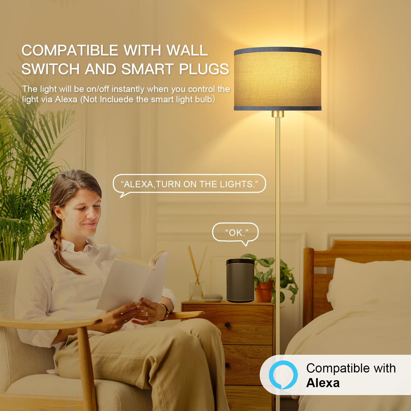 Floor Lamp Gold  Standing Lamp  58  Small Tall Lamps With Jute Lampshade  Simple Pole Lamp For Bedroom  On/Off Footswitch  Gold Lamps For Living Room/Office/Boho Christmas Gift For Kids(No Bulb)