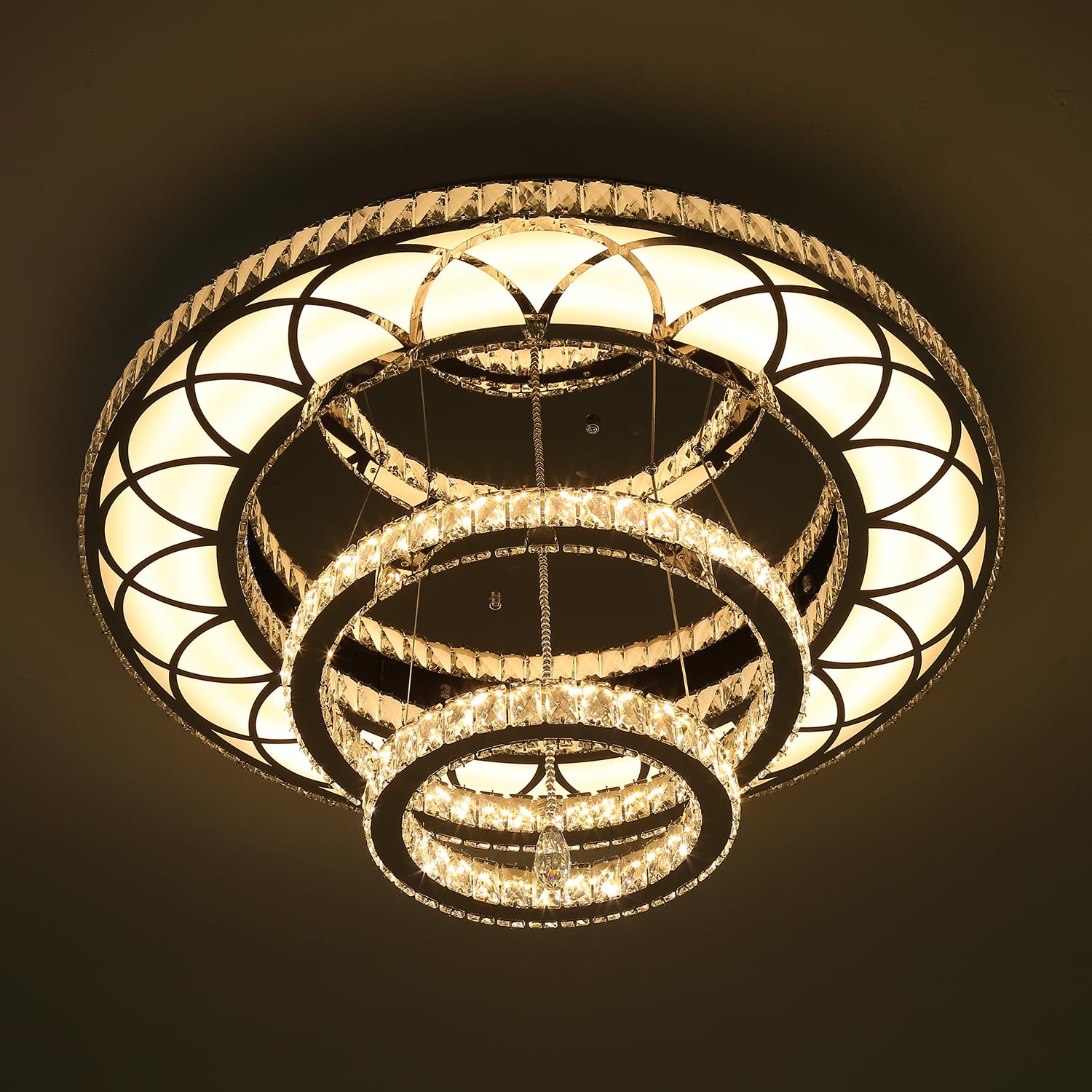 Flashing God W40 Crystal Chandelier - Modern Flush Mount, Dimmable, Silver, 40in, Model: MMQ0268-100CM-F, Ideal for Living Room and Foyer