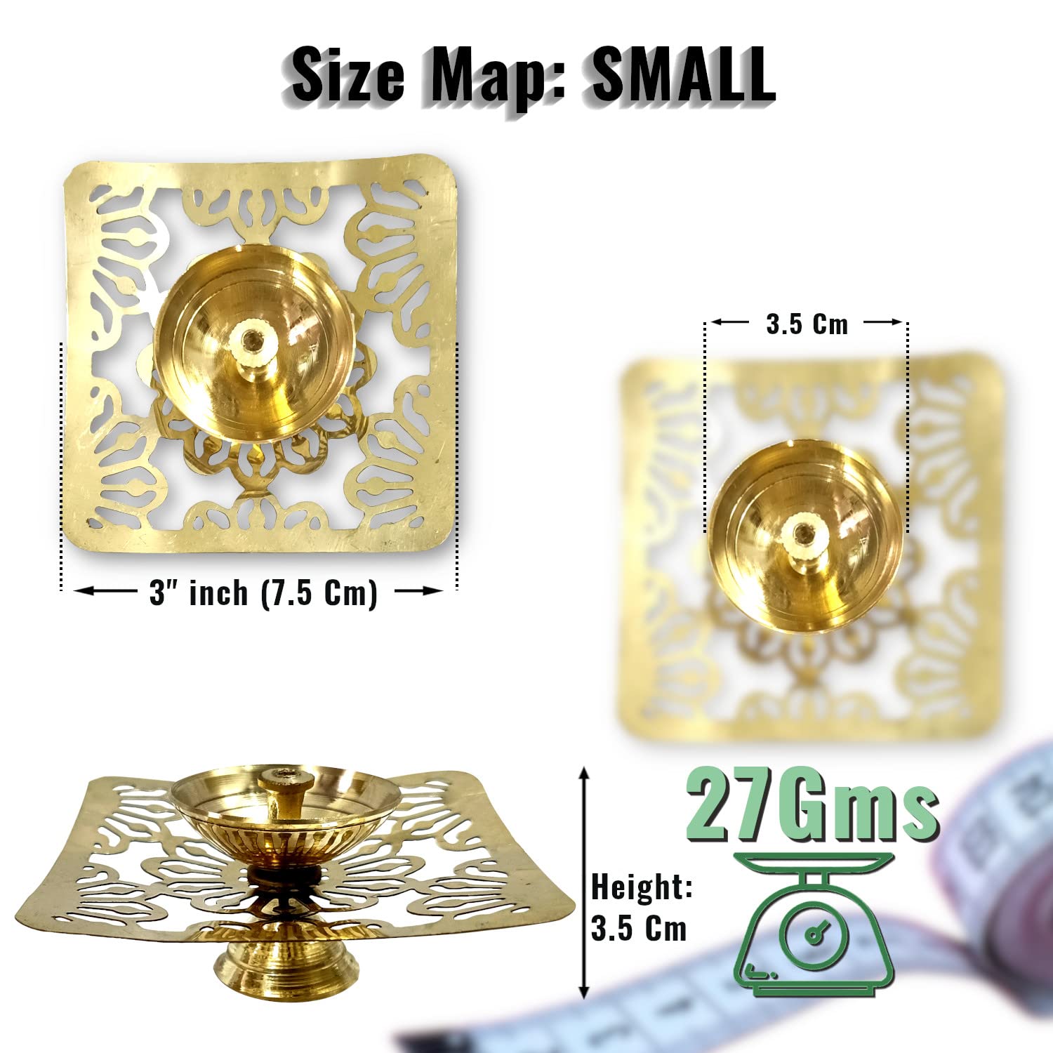 Lamina Decorative Brass Diya for Puja (Set of 10 Small 3inch Golden Square Net) Center Wick Holder Pital Akhand Deep Vilakku for