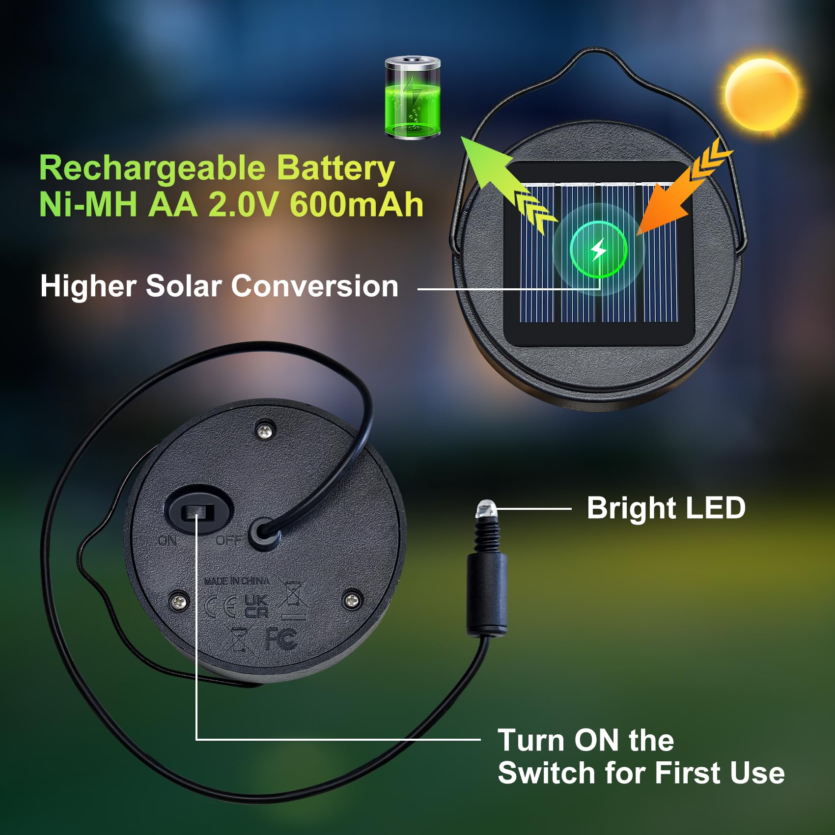 Go2garden AA 600mAh Solar Light Replacement Top Parts, Waterproof LED for Yard & Garden Decor, 1Pack, Black1, Model SH01