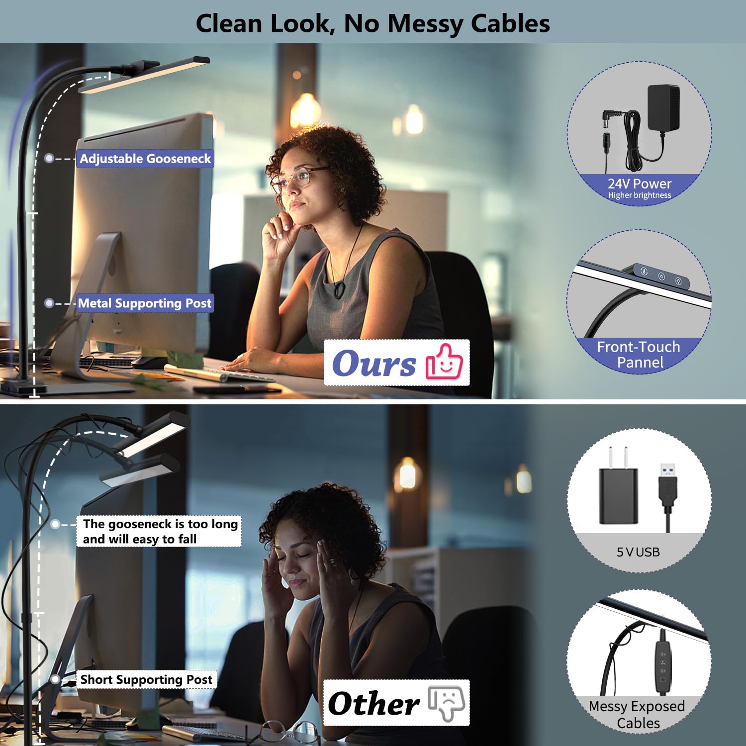 Kablerika Led Desk Lamp With Base: Bright Desk Lights For Home Office - Eye Care Reading Table Lamps - Dimmable Desktop Lighting For Computer Monitor Study Drafting Black