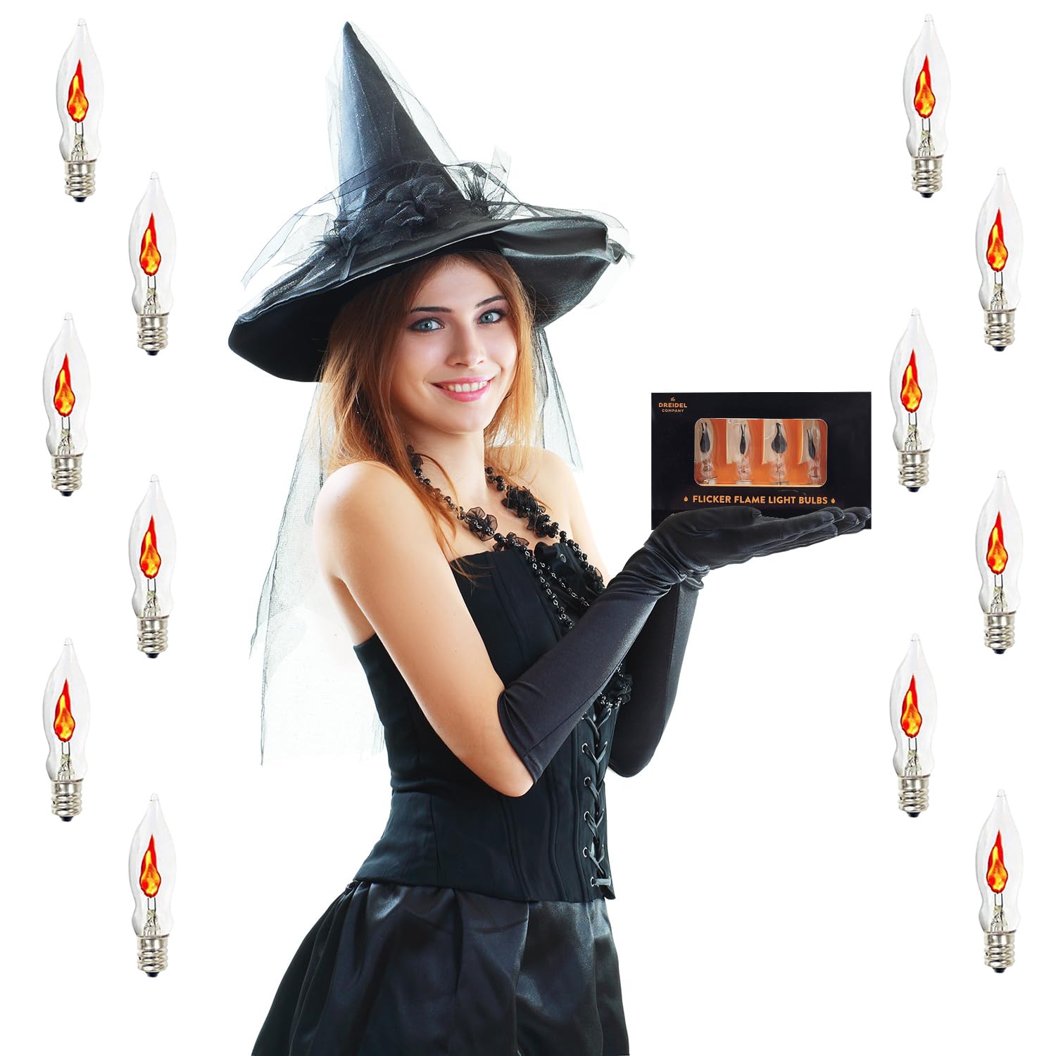 The Dreidel Company Flicker Flame Shaped E12 Replacement Light Bulbs, Orange Glow, 1W, 120V, 12-Pack