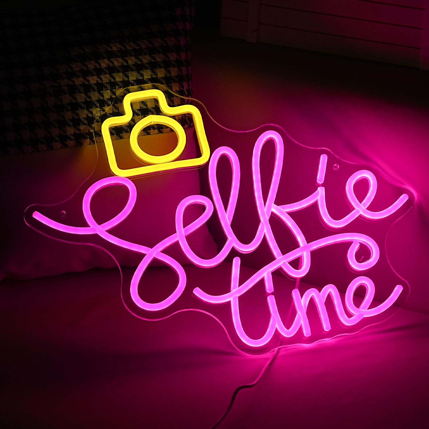 GNVETZLL Selfie Time Neon Sign LED Light Pink Yellow Acrylic 16.7x12.8in Dimmable USB Powered Wall Decor for Photography Studio