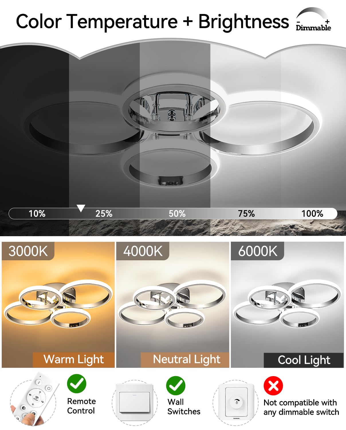 21.3In Chrome Modern Led Ceiling Light Fixture With Remote Control, 3000K-6500K 3-Color Dimming Circle Modern Ceiling Lamp Bedro