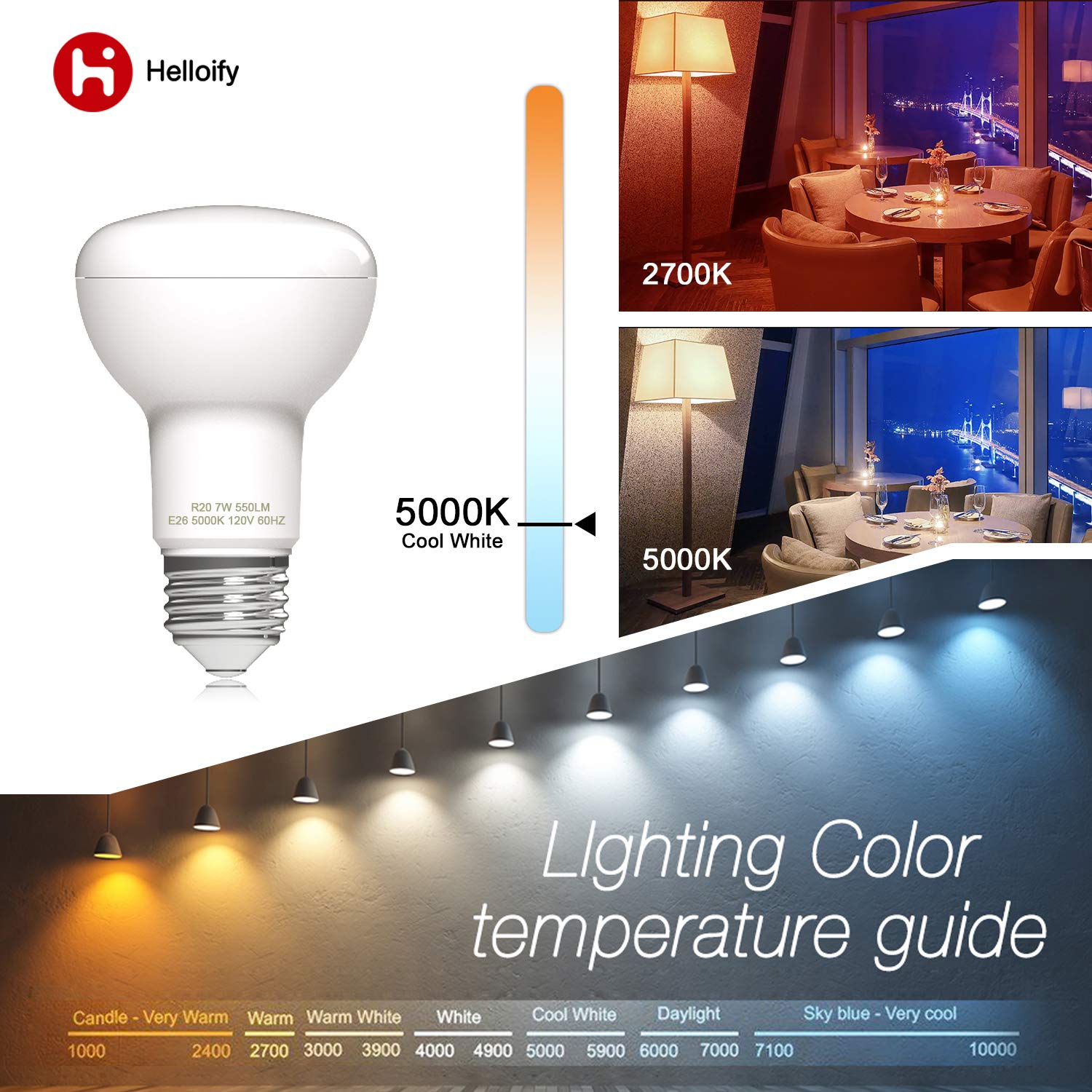 helloify Dimmable R20 LED Flood Light Bulb, 7W, 5000K Daylight White, E26 Screw Base, 6 Count Pack