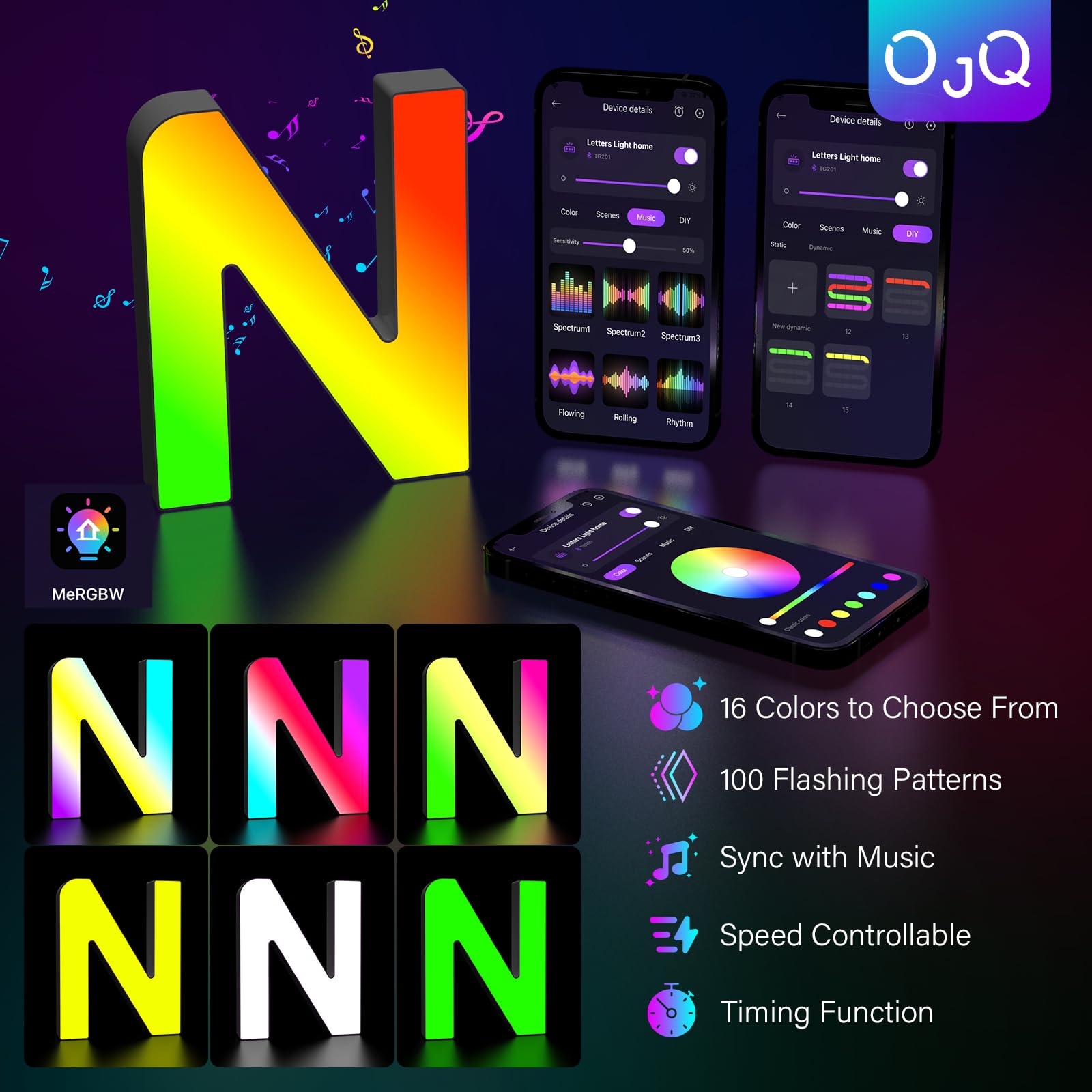 OJQ Light Up Letters LED Alphabet - Music Sync Color Change Decor - Model A1 - Plastic - Perfect for Girls Birthday & Christmas Gifts