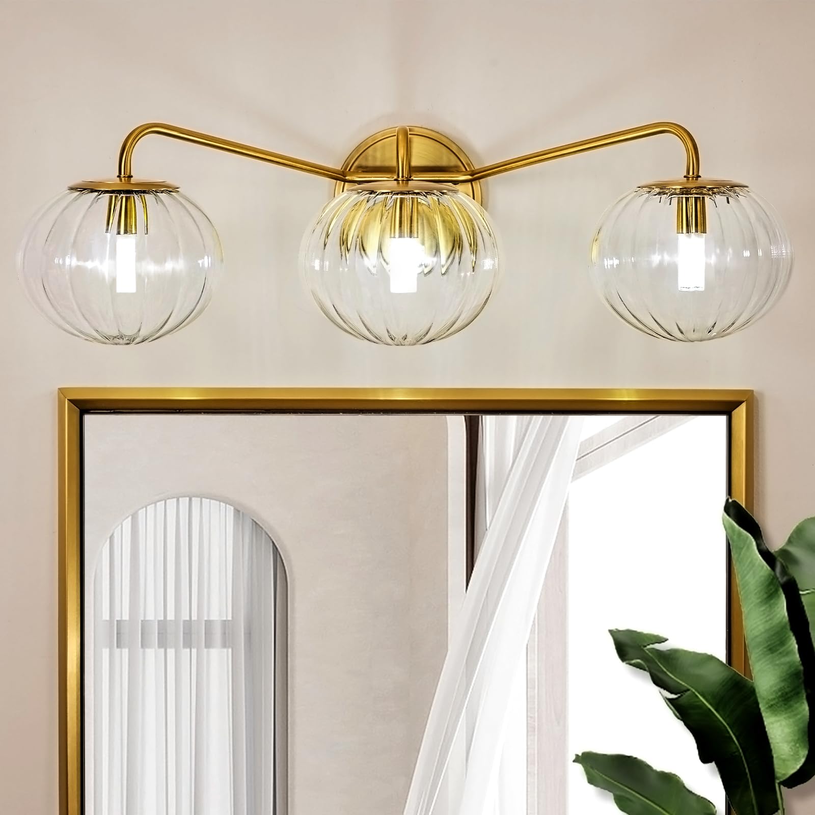 ANDY STAR Brushed Gold Vanity Lights, 3 Light Bathroom Light Fixtures with Clear Pumpkin-Ribbed Glass Globe Shade, Brass Vintage