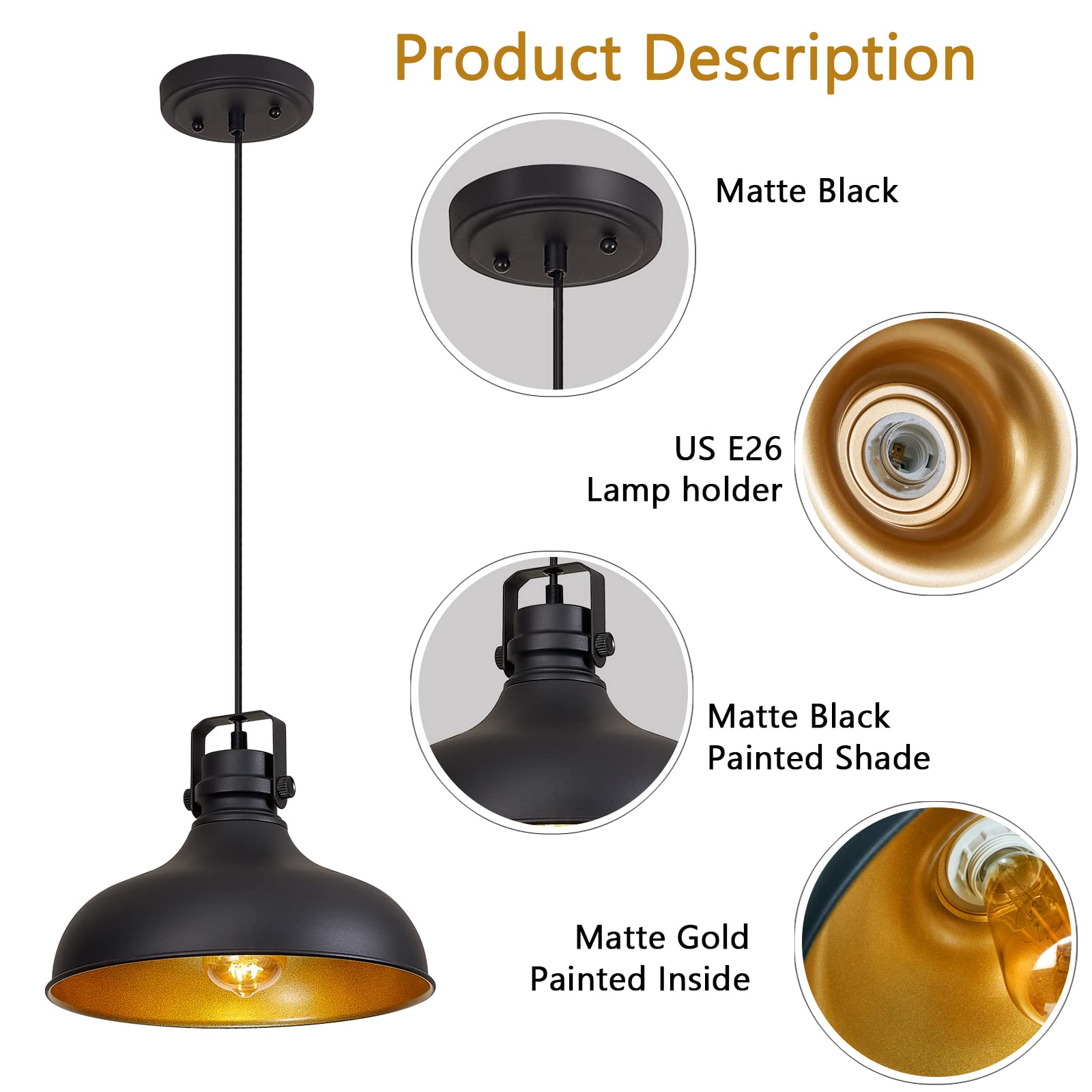 Alaislyc Black Farmhouse Pendant Lights, Vintage Dome Hanging Fixtures, 2 Packs For Kitchen Island