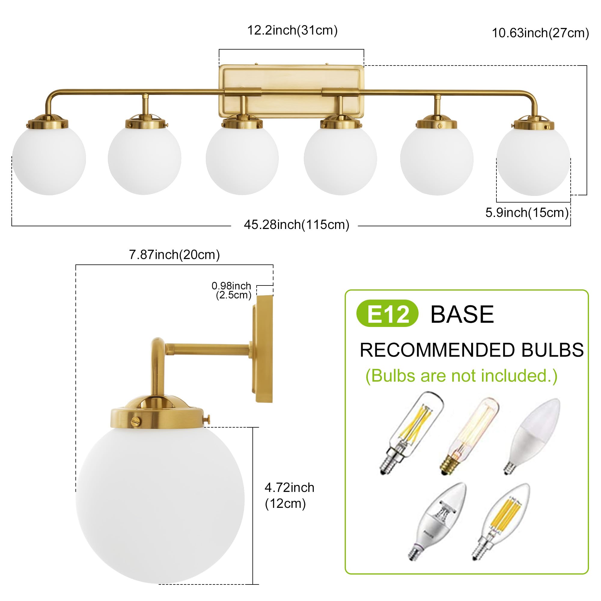 Deyidn Gold Bathroom Light Fixtures 6-Light Modern Wall Sconce with White Glass Globe Shade, Model 1758