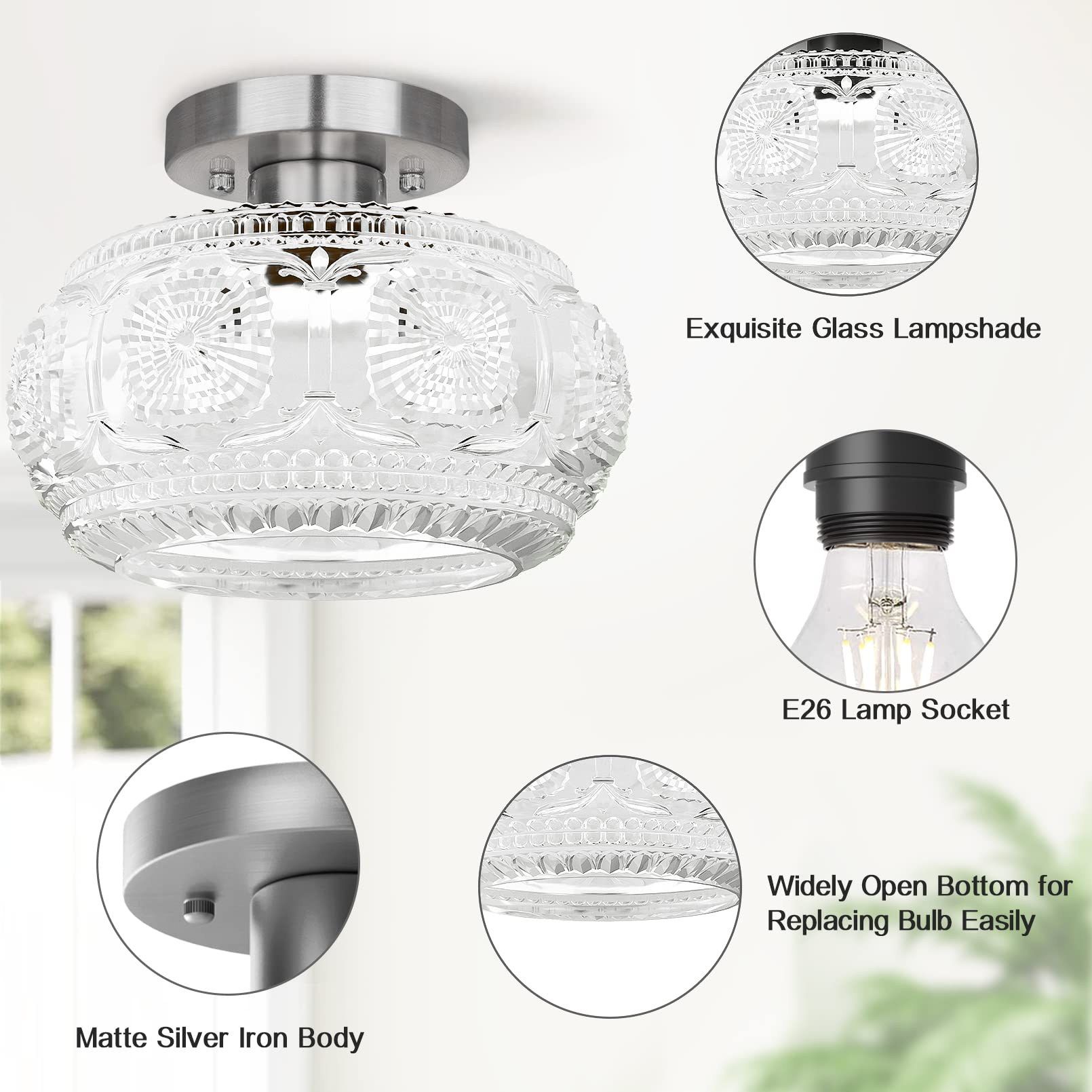 Oykyohei Brushed Nickel Semi Flush Mount Ceiling Light, Glass Shade Modern Ceiling Light Fixture, Lighting For Hallway Bedroom E