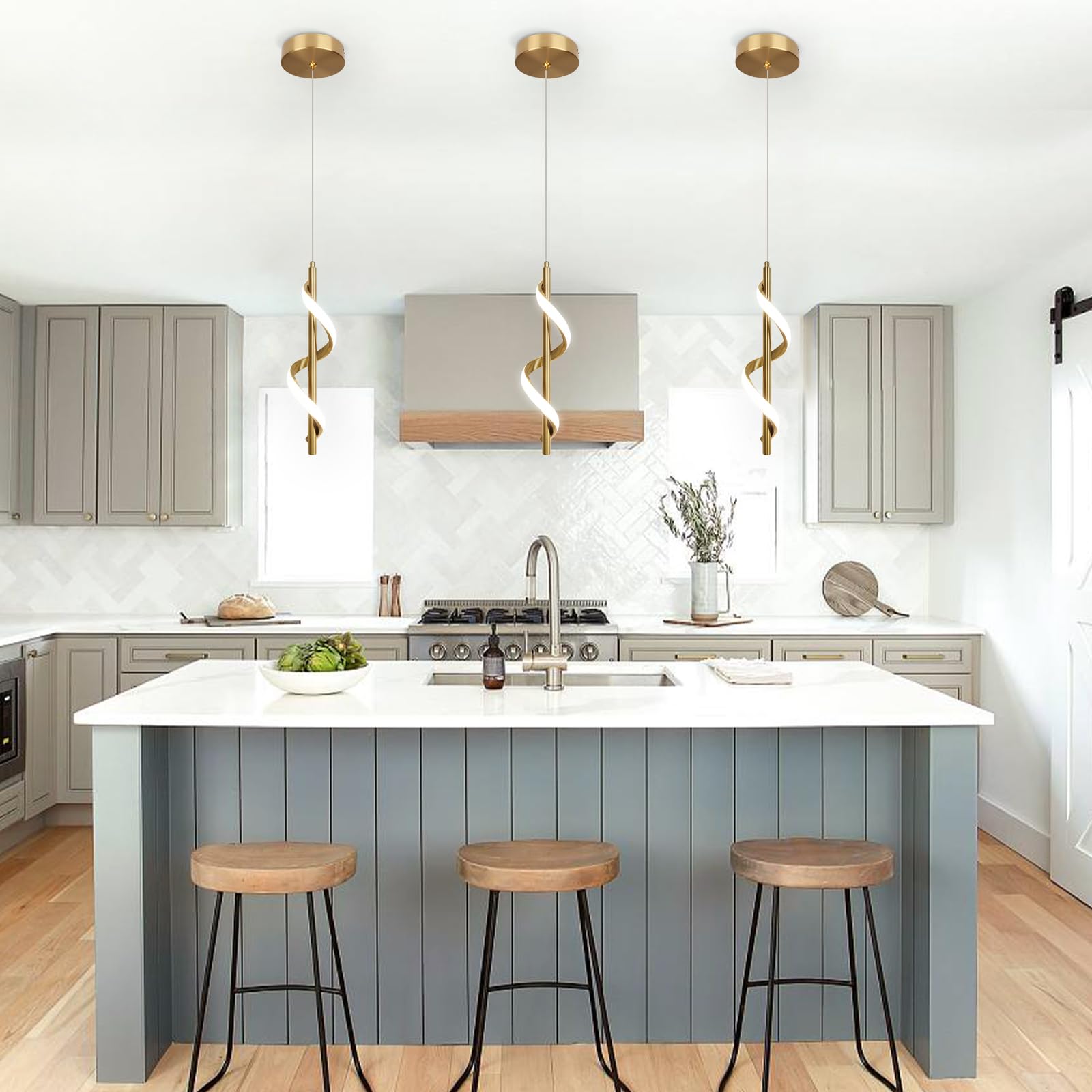 Caneoe Gold Pendant Light, Spiral Modern Led Pendant Lighting For Kitchen Island, 5500K Brushed Brass Ceiling Hanging Light Fixt