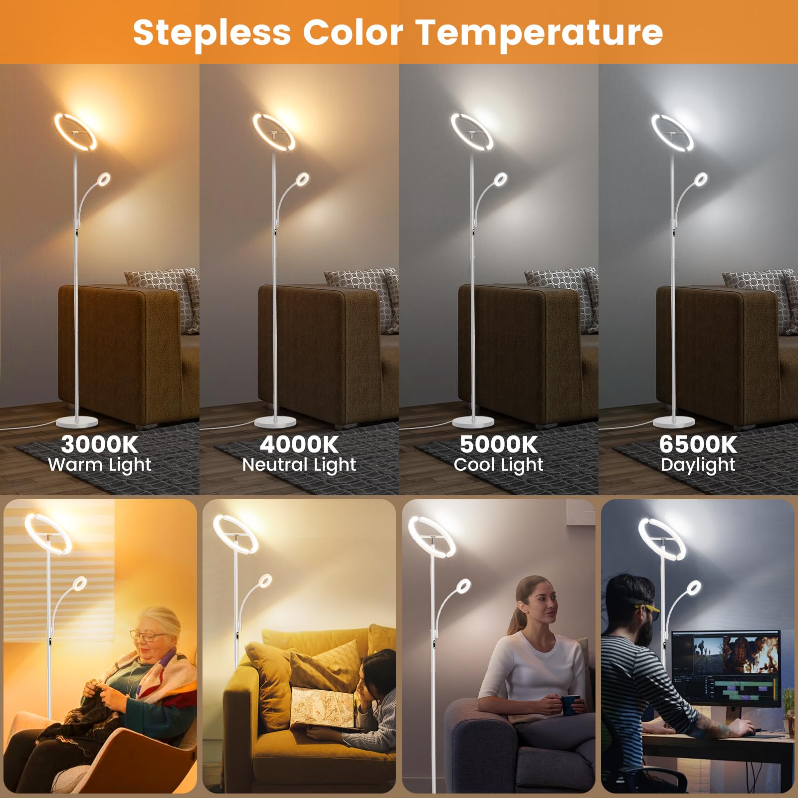 SIBRILLE White LED Floor Lamp - Dimmable, 68.89" Tall, Remote & Touch Control, Modern Design for Living Room & Bedroom, Model MF18813