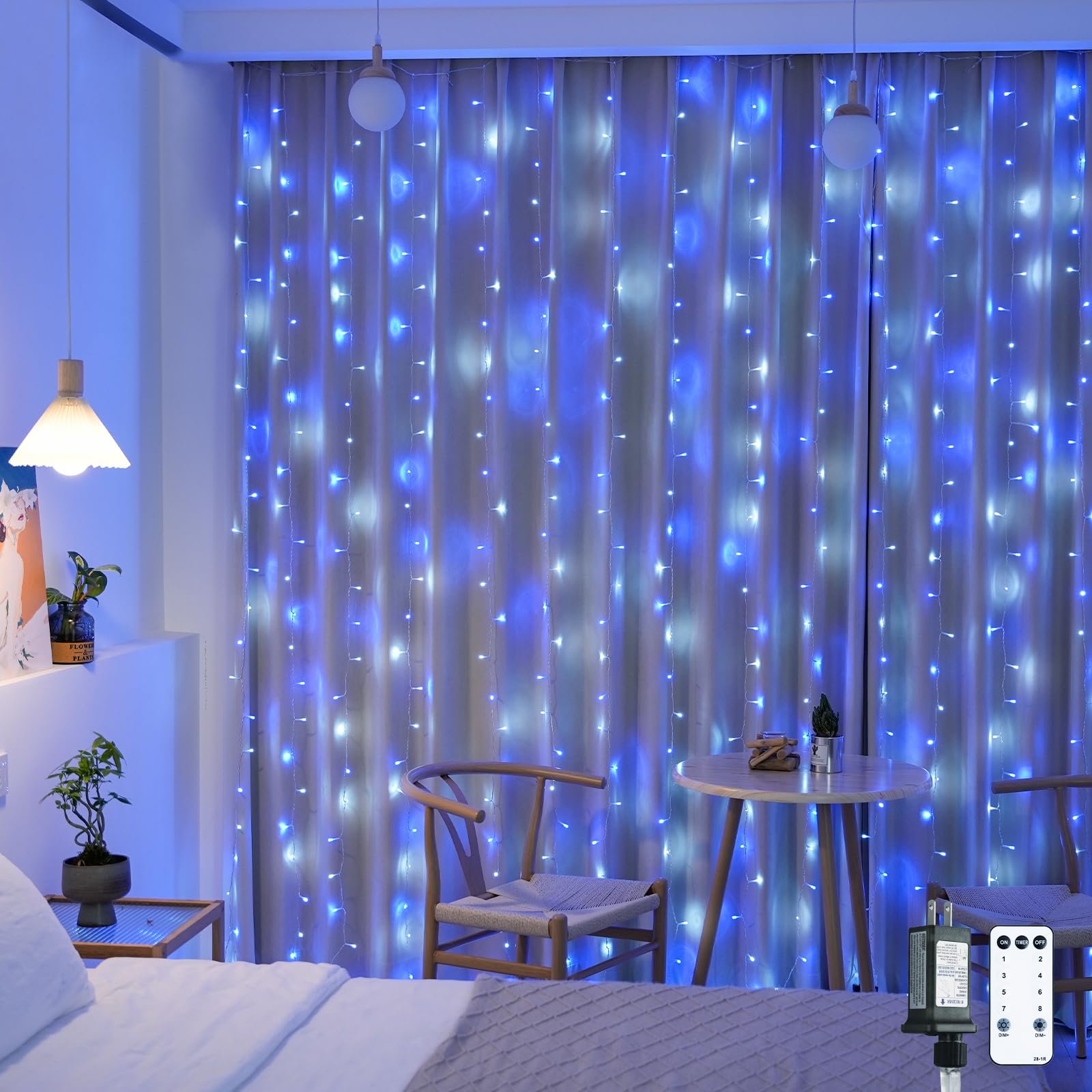 JMEXSUSS 300LED Christmas Curtain Lights Plug in with Remote, Blue and White Christmas Lights Indoor Outdoor, 8 Modes Hanging Fairy String Lights for Bedroom Window Wall Yard Patio Decor, 9.8x9.8ft