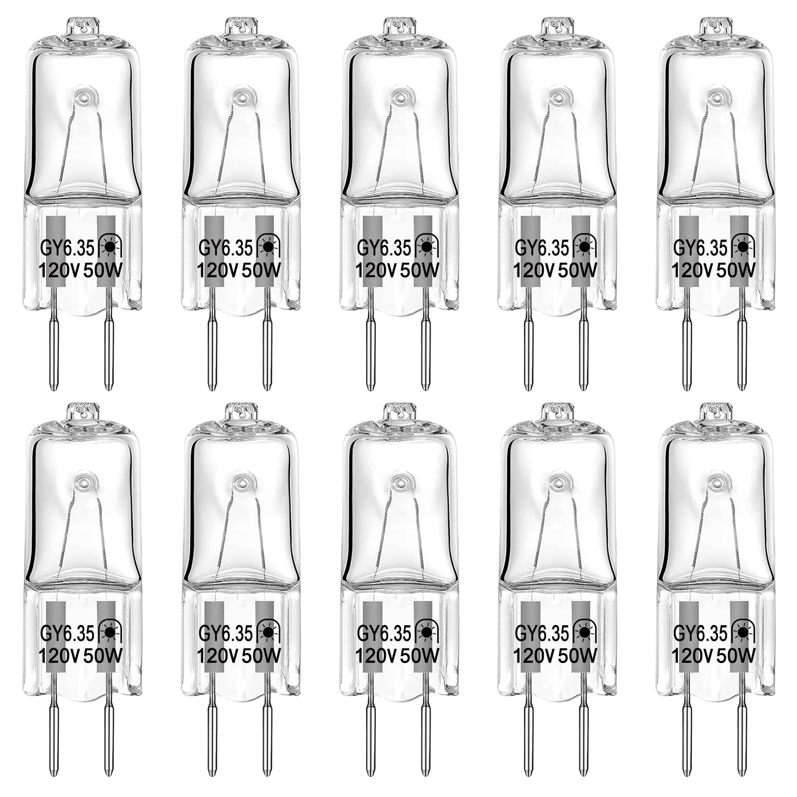 DUMILOO GY6.35 Halogen Bulbs, 120V 50W, Dimmable 2700K Warm White, 10 Count, Glass, JC Bi-Pin