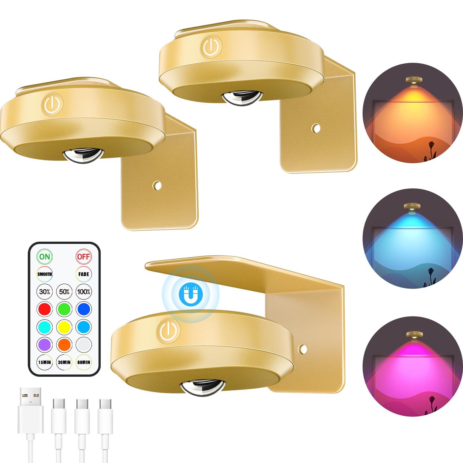 WILLED Wireless Picture Lights for Wall,Puck Lights with Remote,1200mAh Rechargeable Battery Operated Wall Lights,9RGB Colors,Di