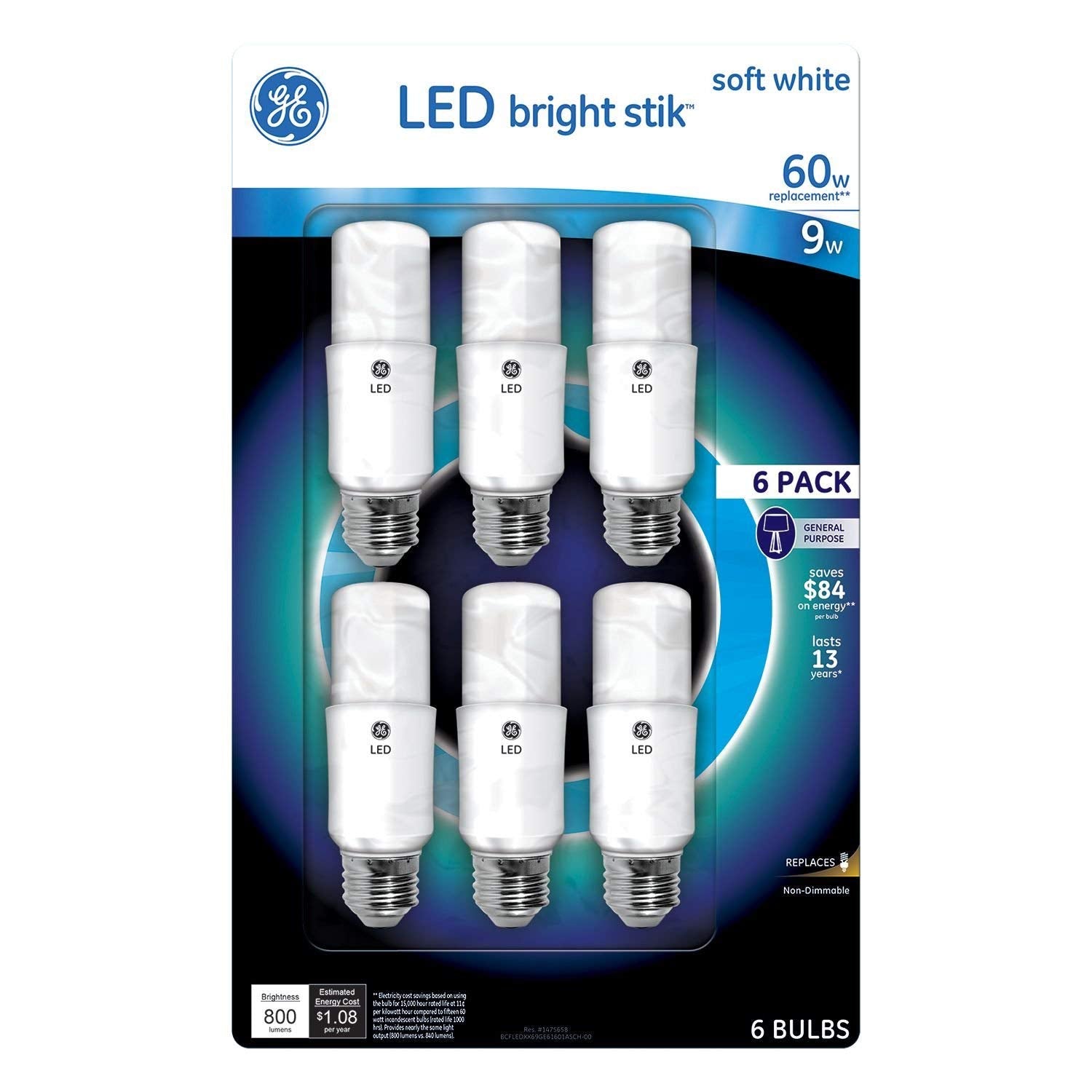 GE Bright Stik 9W LED Bulb, Warm White, Non-Dimmable, 6 Count, Model 61601