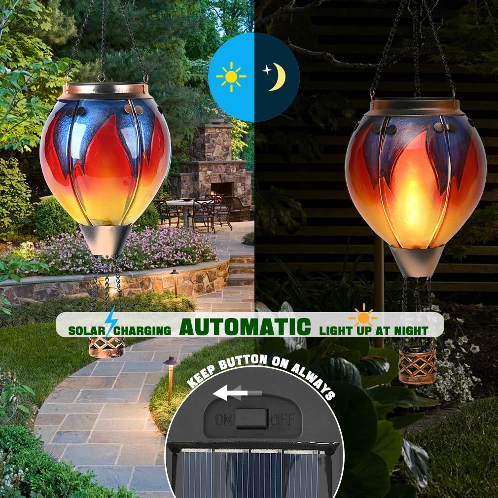 Hot Air Balloon Solar Lantern - Simulated Flickering & Dancing Flame Glass Lantern   Outdoor Hanging Yard Light Waterproof Ip65 For Garden Patio Lawn Porch Decor Gift