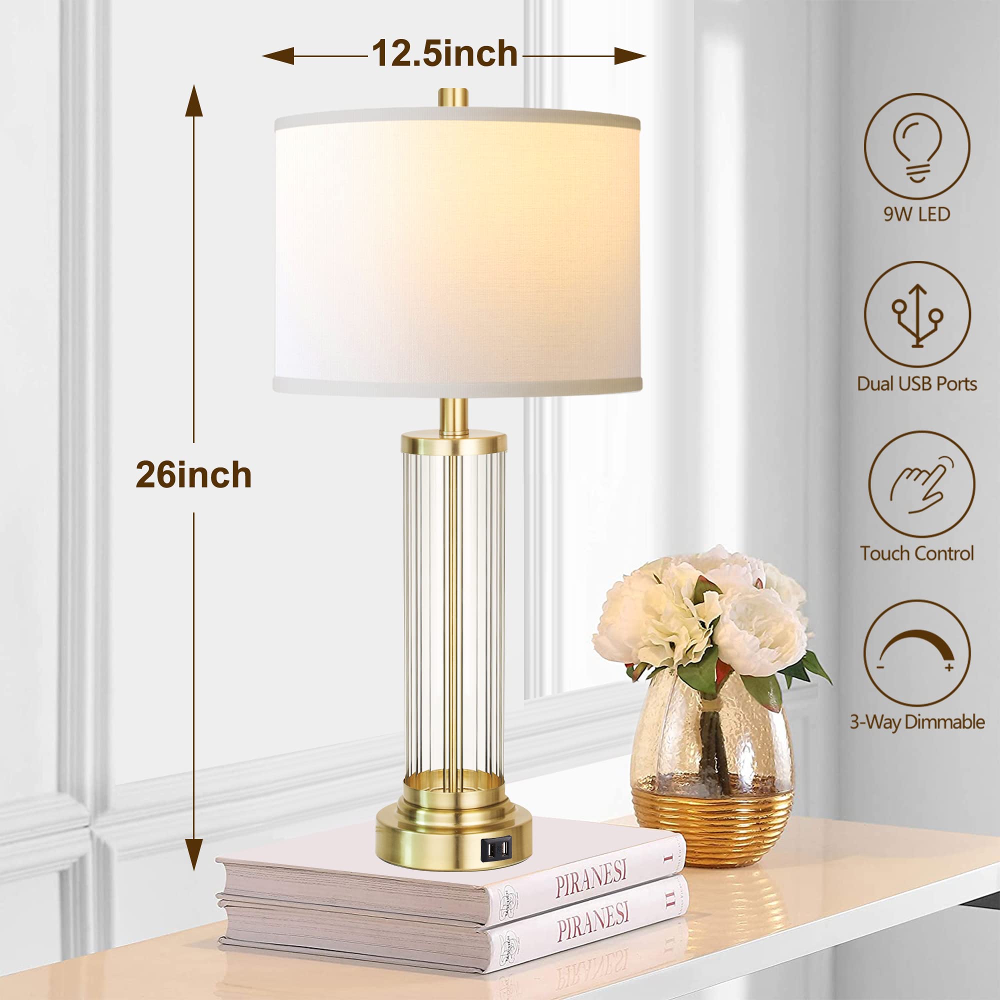 QiMH Touch Control Table Lamp Set of 2, 3-Way Dimmable, Antique Gold, Fabric Cream Shade, Modern Design, LED Bulbs Included