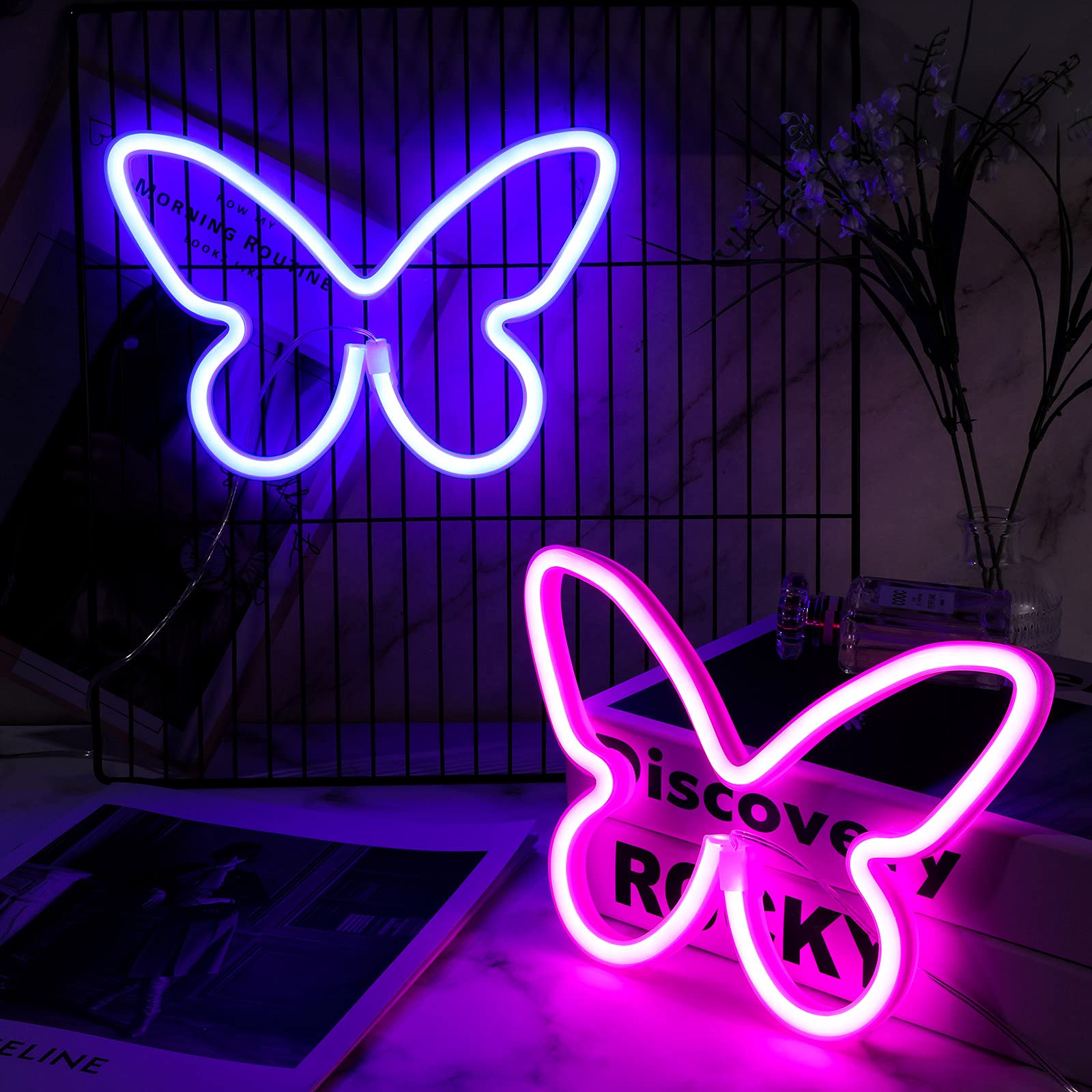 Riakrum Butterfly Neon Signs LED Light, 3AA Battery/USB, Pink & Blue, Wall Decor for Home, Bedroom, Party, Model Riakrum-Signs Butterfly LED-026