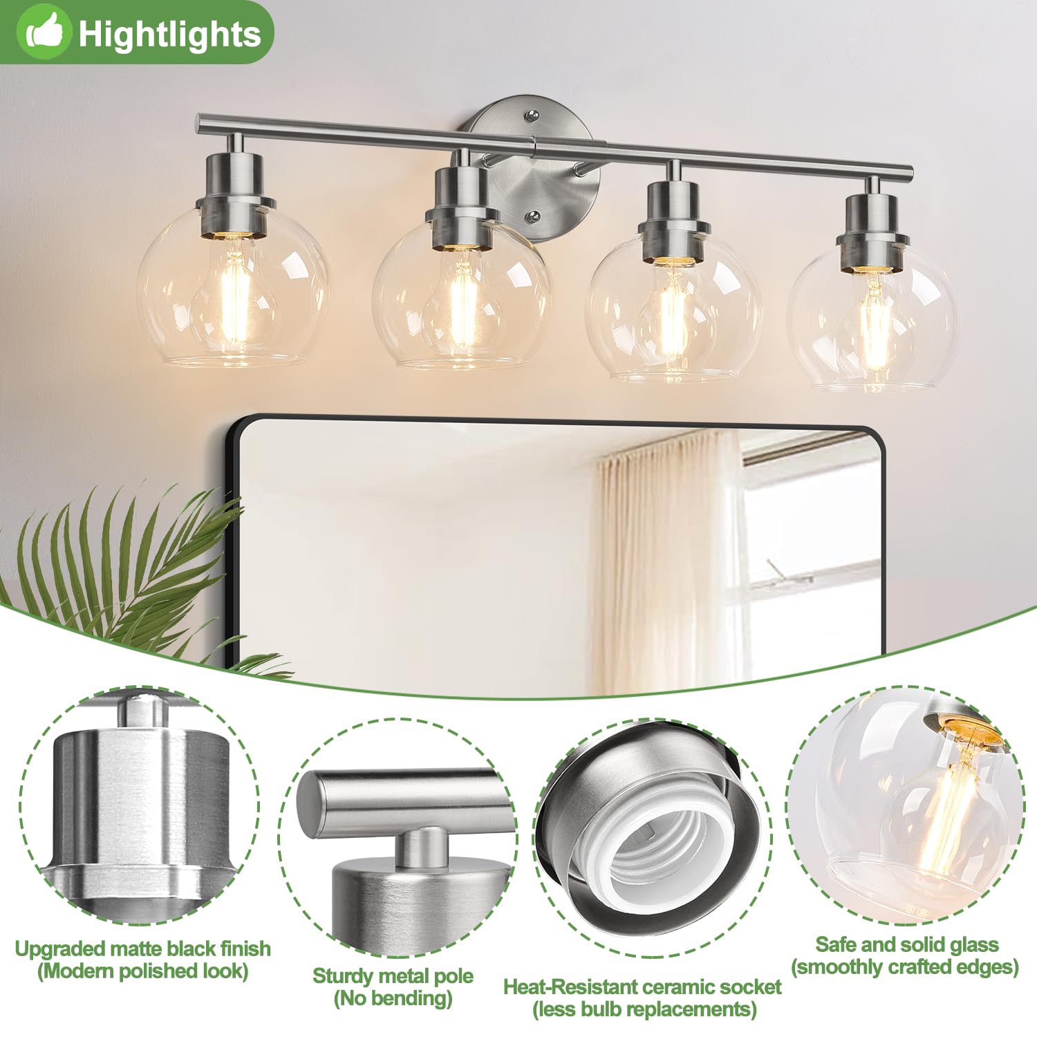 Indoi 4-Light Bathroom Light Fixtures, Brushed Nickel Modern Vanity Lights Over Mirror With Clear Glass Globe Shade, Bathroom Wa