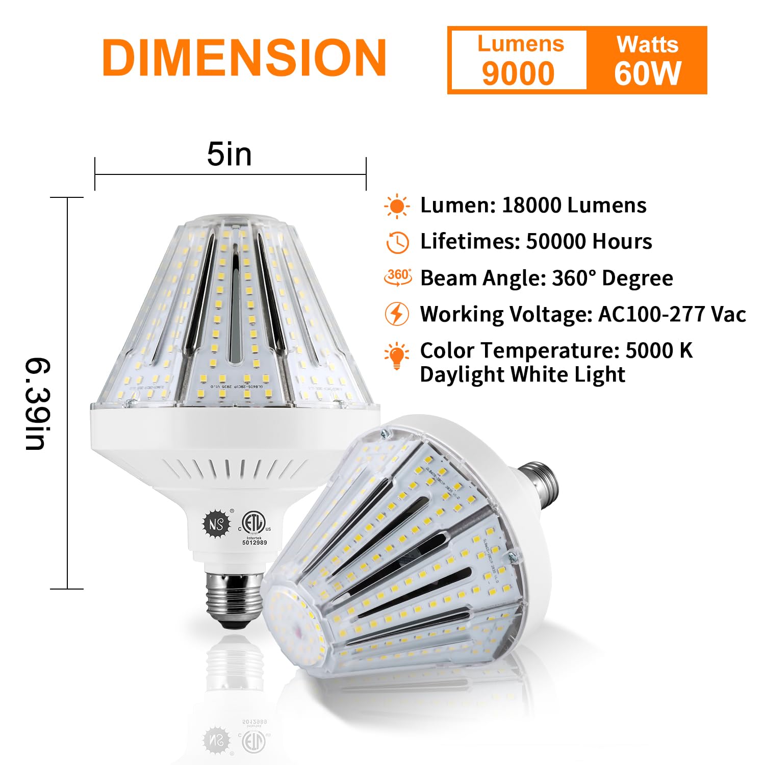 NS 600W Equivalent LED Corn Bulbs, 60W 9000 Lumens, 5000K Daylight White, E26/E39, 2-Pack, Ideal for Garage & Warehouse