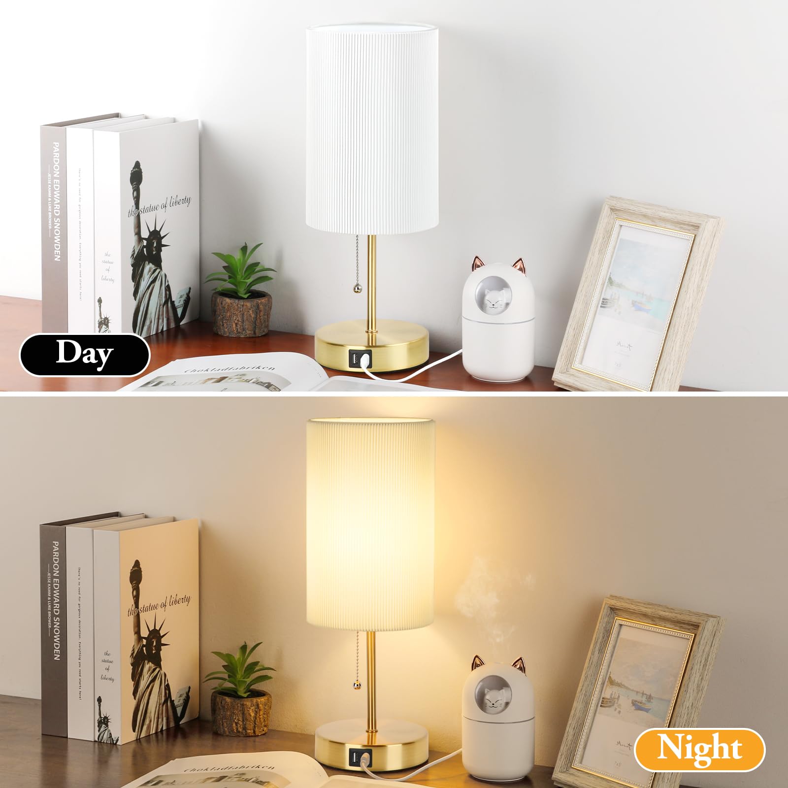 Lakumu 2 Sets Table Lamps with USB, White Pleated Shade, Gold Metal Base, Model ST0011-G, Ideal for Bedroom, Living Room, Dorm