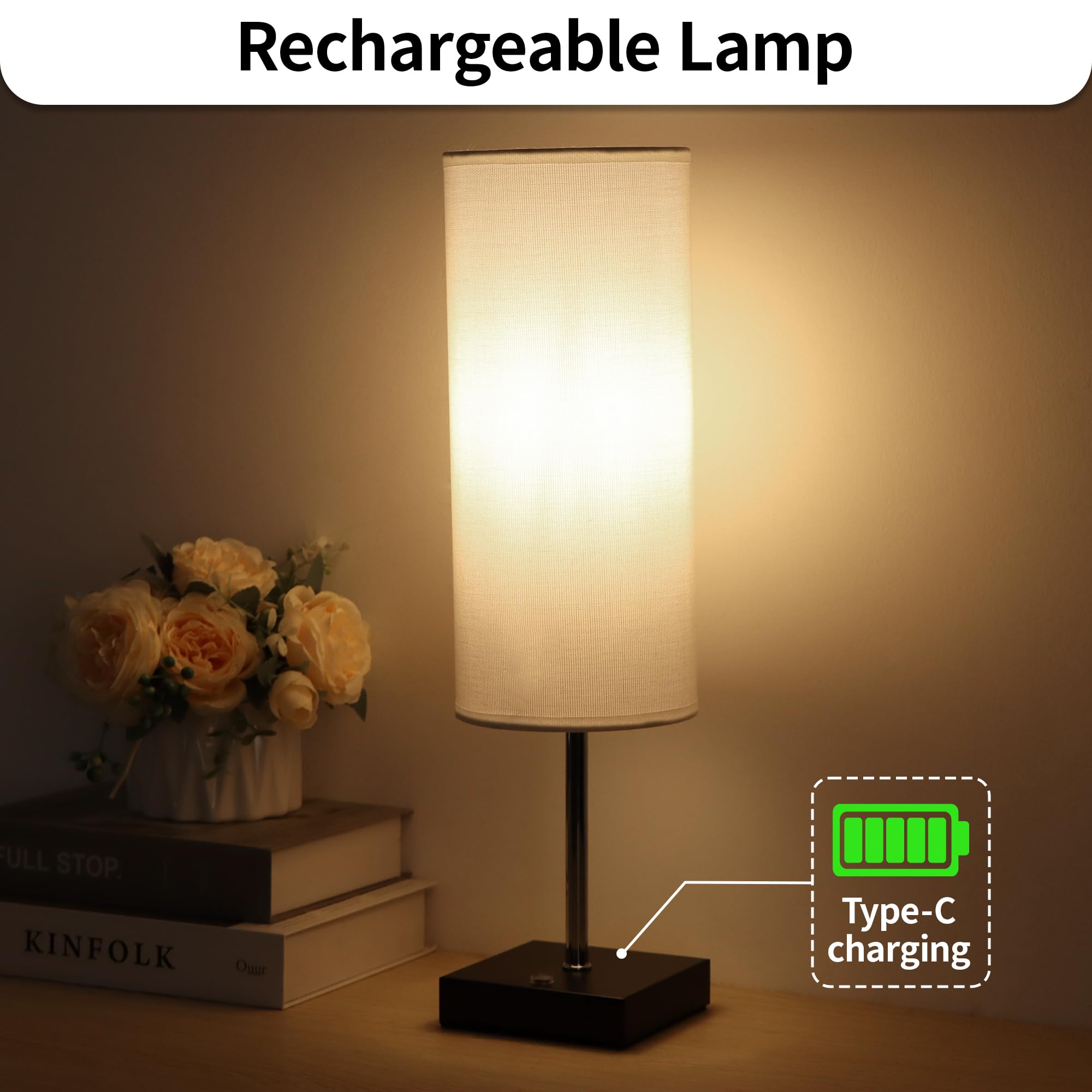 PLMMY 18 Inch Cordless Table Lamp, Rechargeable Touch Control, Dimmable, Linen Fabric Shade, White, Battery Operated for Bedroom/Office