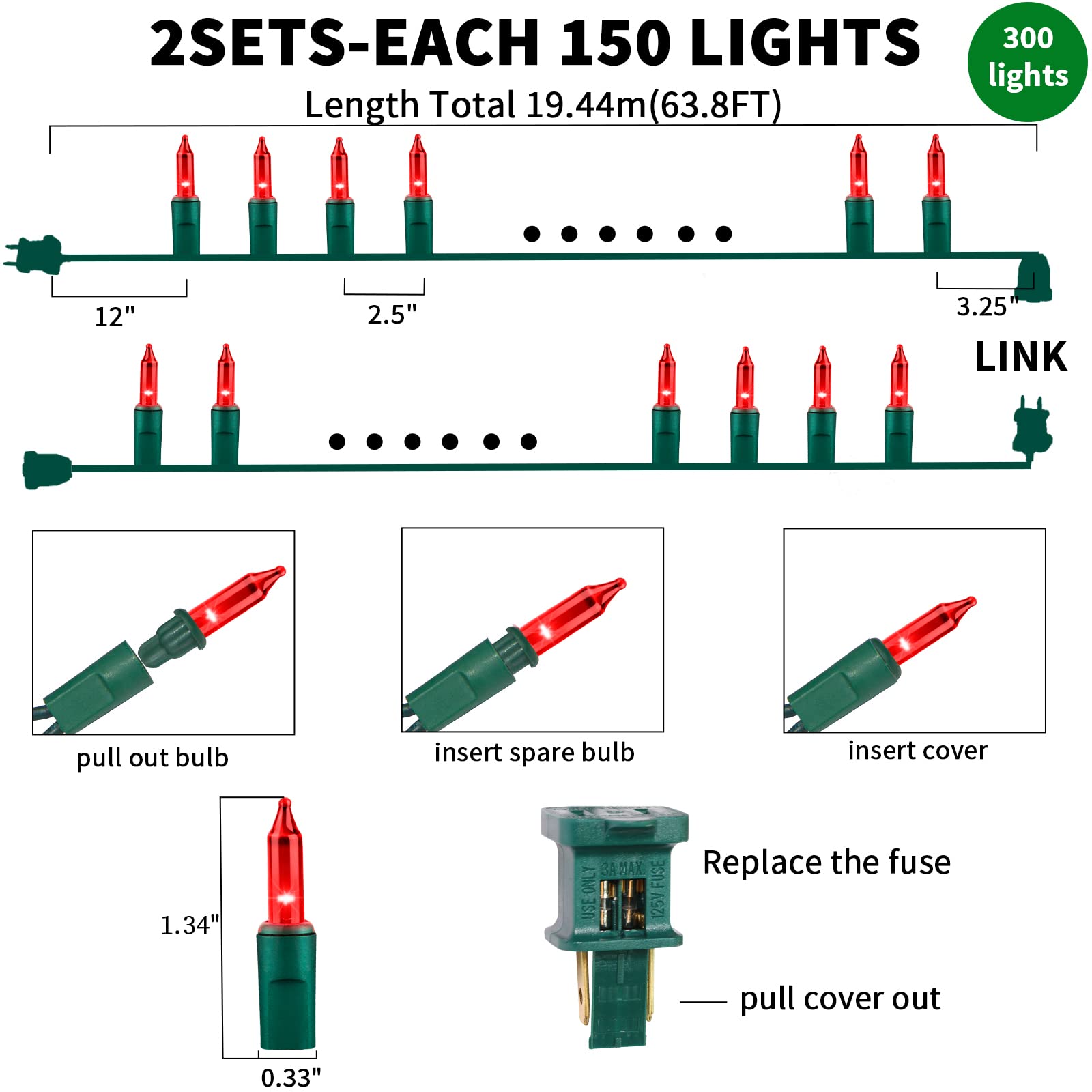 Twinglehome Ultra-Bright Connects End To End Red Christmas Mini Lights 300L 63.8Ft(2Sets-Each 150L)Ul Listed Incandescent Bulb String Light For Indoor Outdoor Holiday Garden Party Christmas Tree Decor