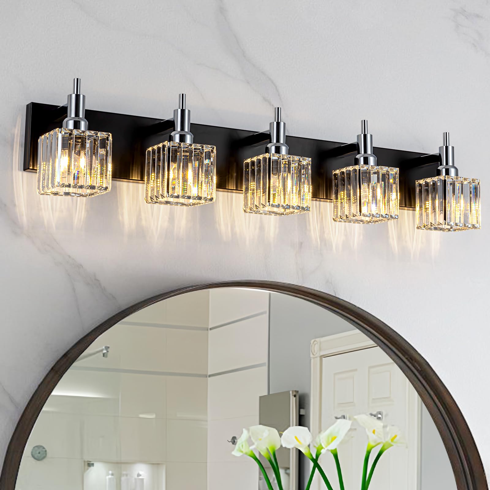 HUOKU Bathroom Vanity Lights, 5-Light Modern Crystal Wall Light, Black Chrome with Square Shade, Metal and Crystal
