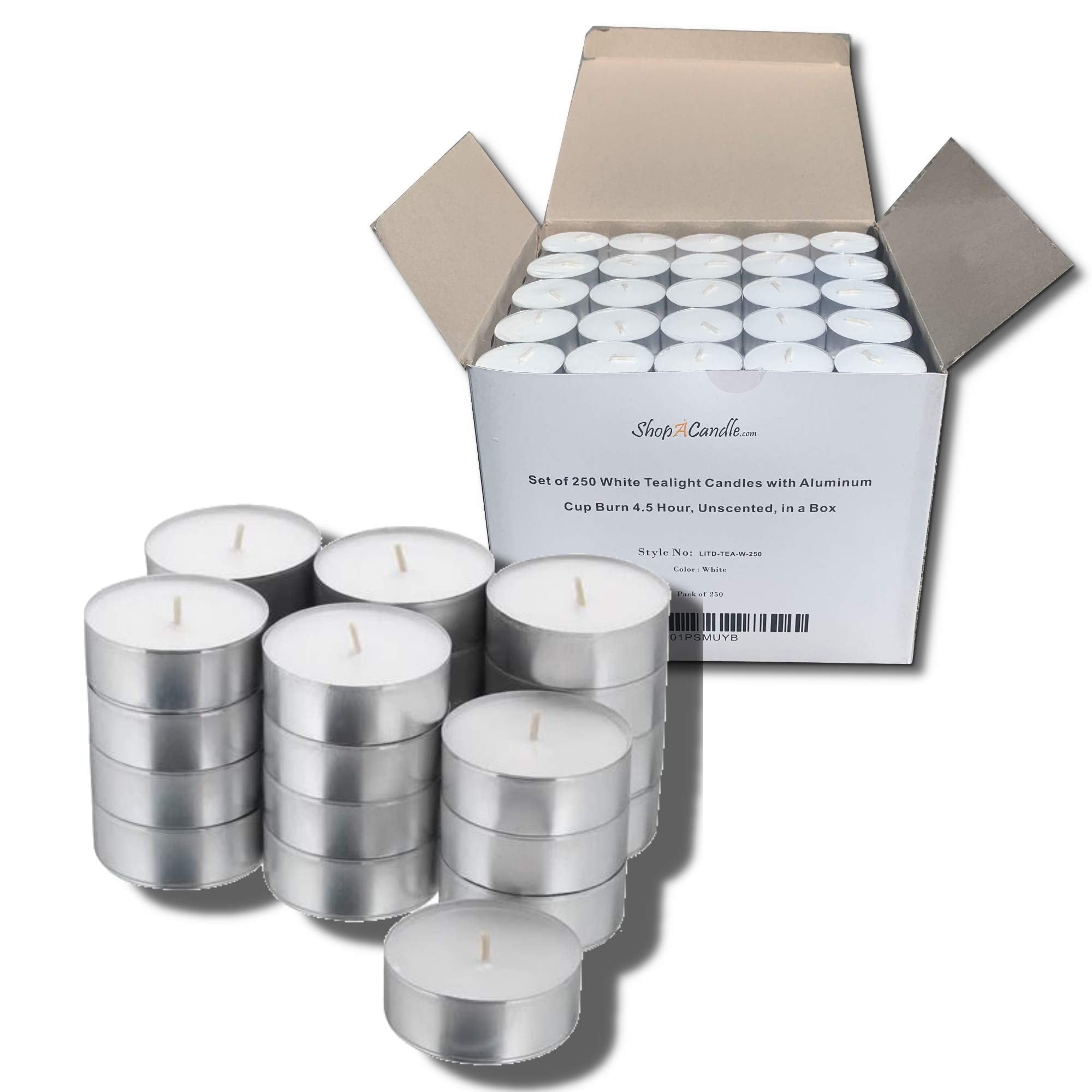 Light In The Dark Tea Light Candles - Unscented Metal Cups, 4.5 Hour Burn Time, Bulk Pack of 250 for Weddings, Dinners & Spas