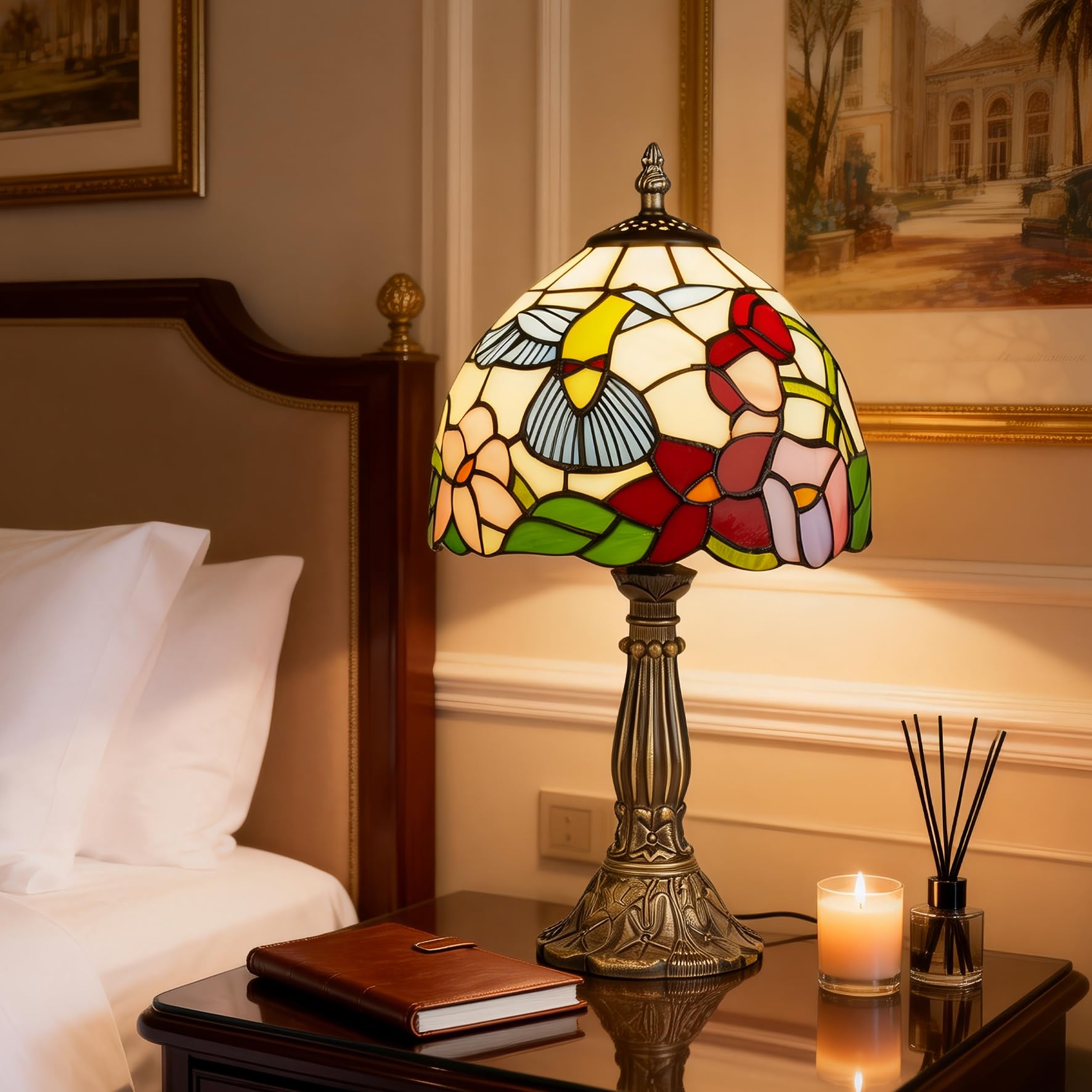 Plynvexa Hummingbird Tiffany Style Table Lamp with LED Bulb, 8 Inch Handmade Stained Glass Light, Antique Desk & Bedside Lamp fo