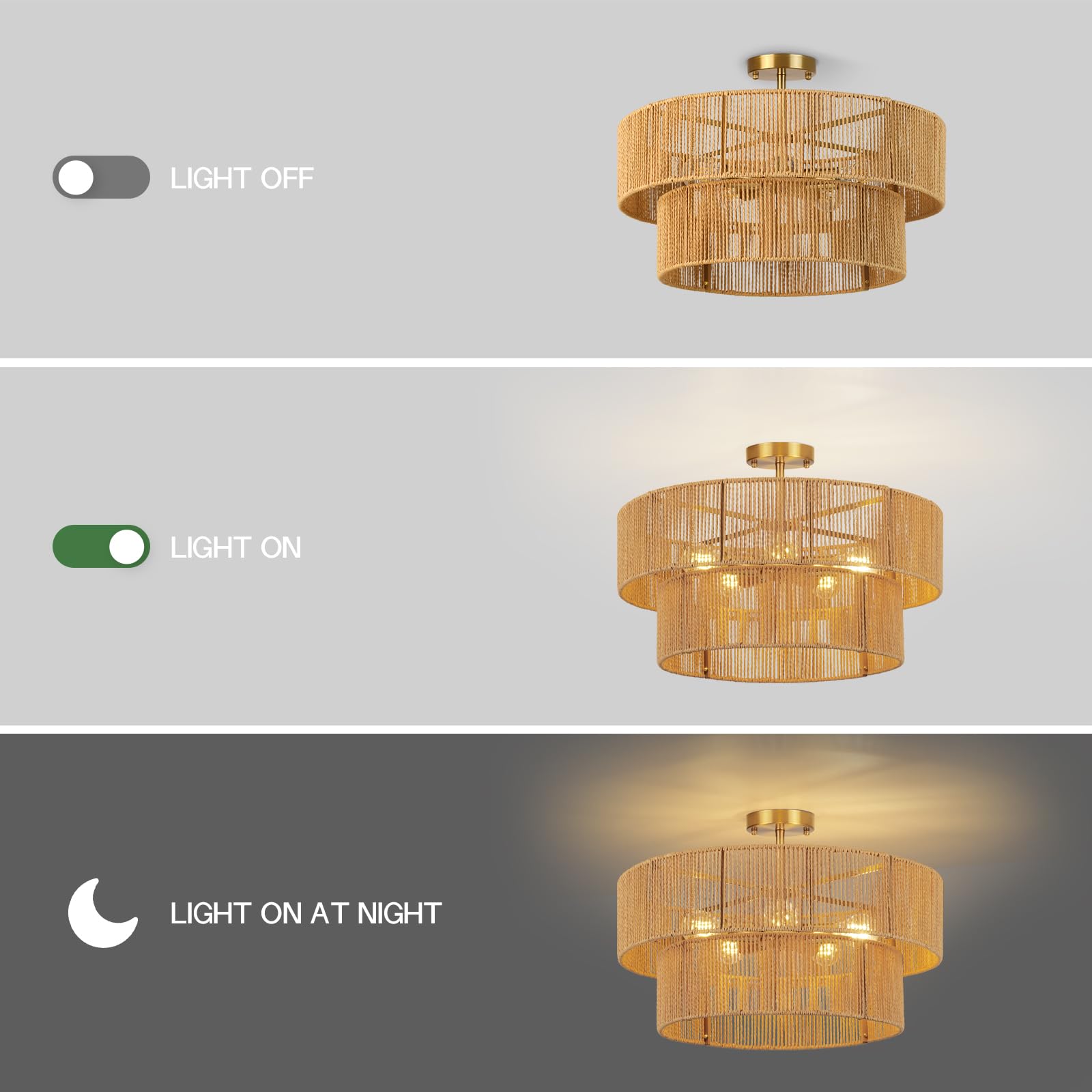 Clarsyne 22  Boho 2-Tier Rattan Ceiling Light Fixture  5-Light Flush Mount Woven Chandelier For Bedroom  Dining Room  Kitchen  Entryway  Living Room  Rustic Gold Lighting