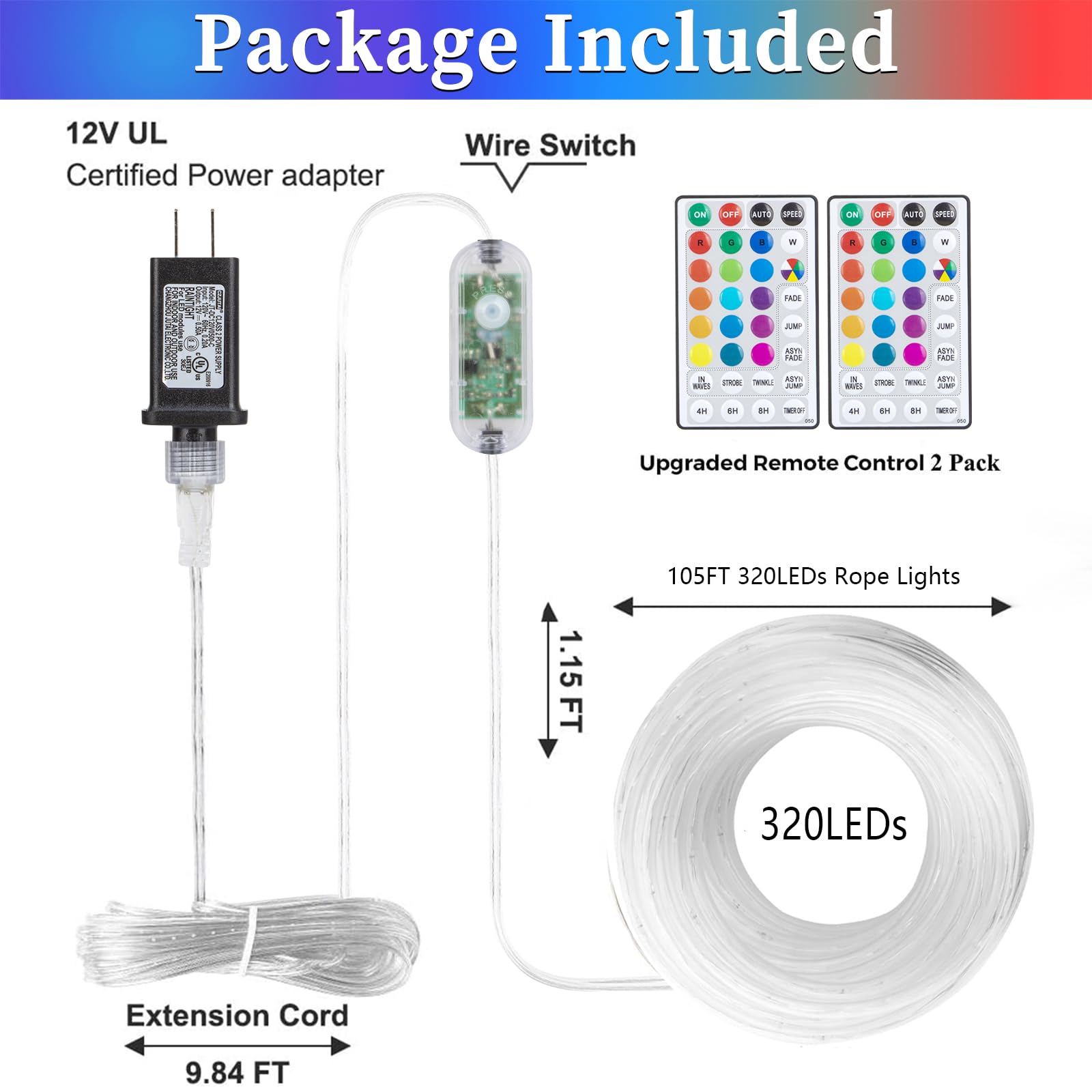 ANJAYLIA 105FT LED Color Changing Rope Lights, 18 Colors, Waterproof, Remote, Model QC-QZD320, Ideal for Outdoor & Holiday Decor