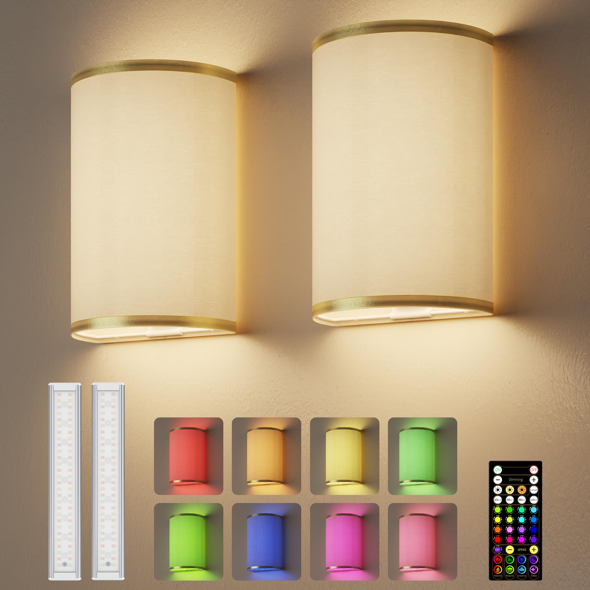 EZVALO Battery Operated Wall Sconce, Wireless Wall Sconces Set of Two with Remote, 3 Color & 80 RGB Rechargeable Wall Lights, Di