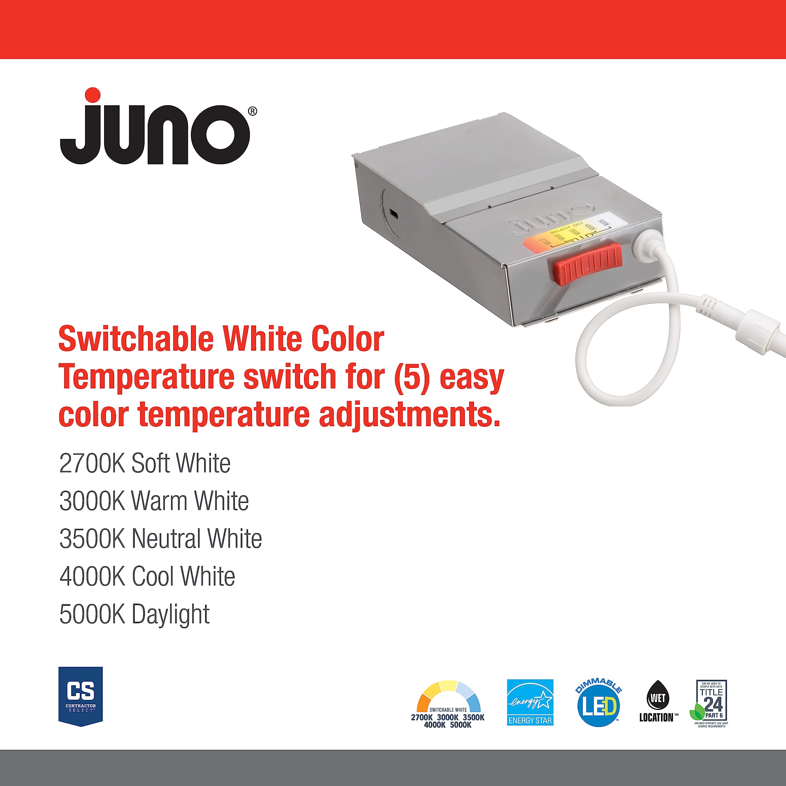 Juno LED Shower Light, 4-Inch Adjustable Wafer Downlight, Switchable Color Temp 2700K-5000K, Matte White, Model WF4 ADJ SWW5