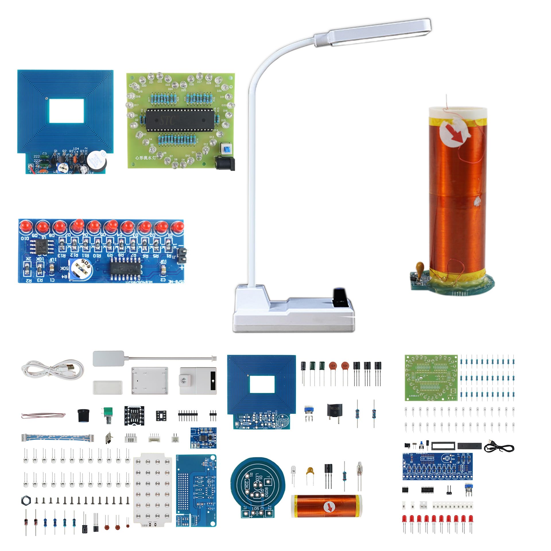 Yidab Soldering Practice Kit 5-In-1 Diy Classic Desk Lamp, Square Metal Detector, Small Tesla, Heart Shaped Flow Lamp Soldering 