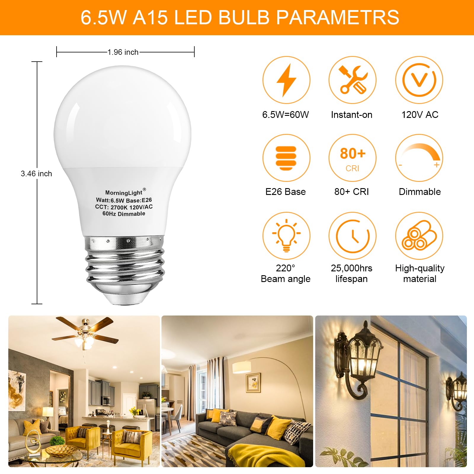 A15 Ceiling Fan Light Bulb 60 Watt Equivalent, 6.5W Dimmable Led Light Bulbs, 2700K Warm White, E26 Base, 4 Pack A15 Led Light B