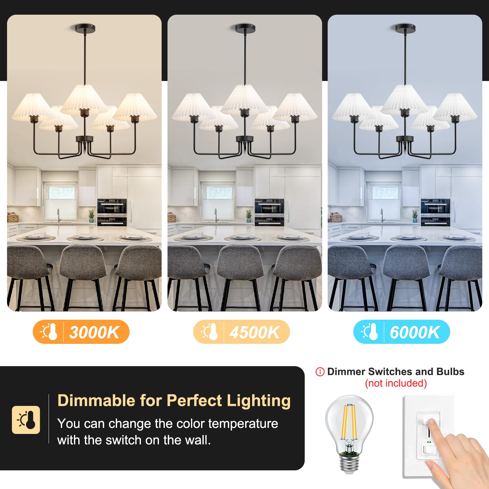 Fiyueoyi 5-Light Black Chandeliers, Modern Chandelier With White Pleated Fabric Shades, Dining Room Light Fixtures For Living Ro