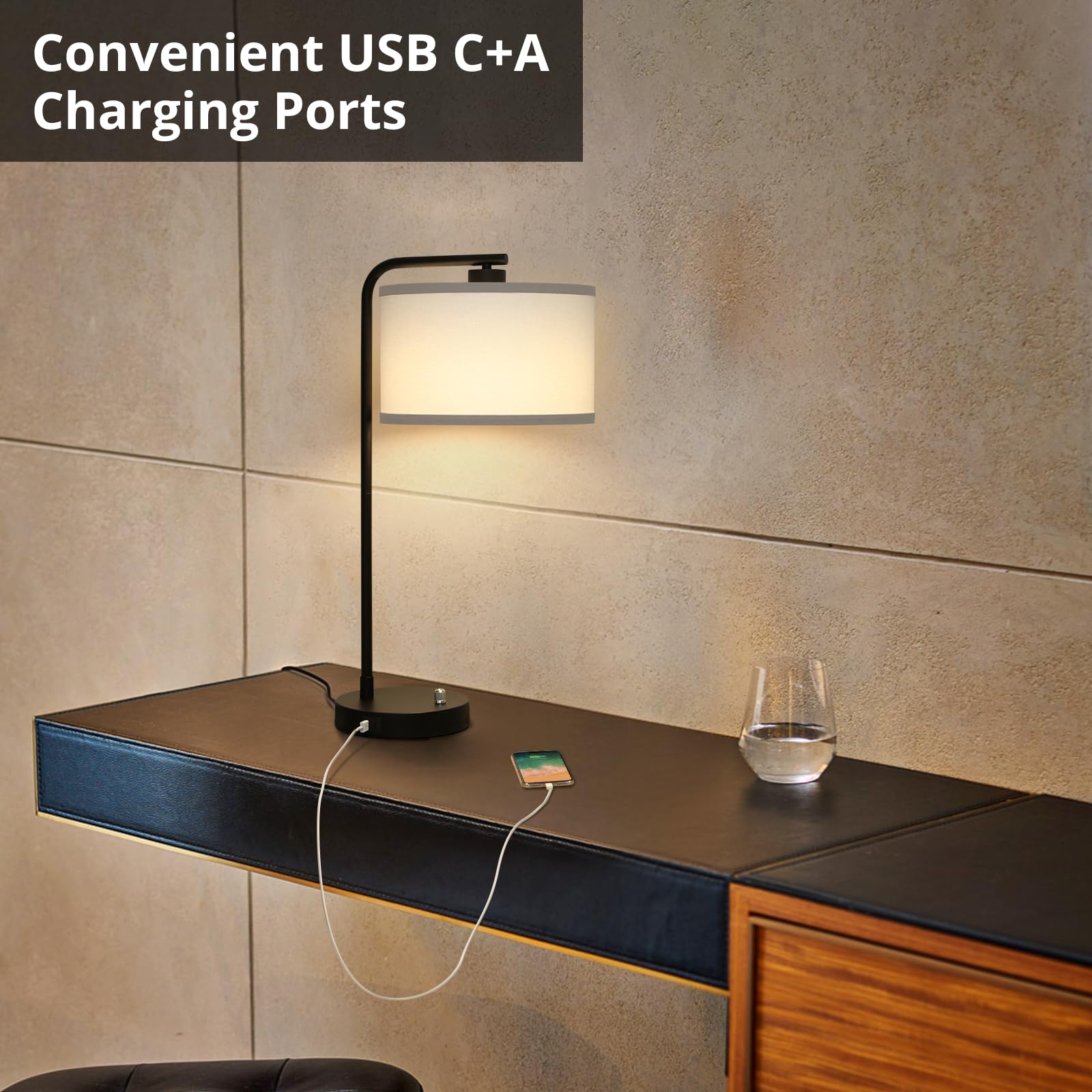 Seaside Village Table Lamp with USB C+A Ports, Stepless Dimmable, 13.98in x 13.98in x 25in, Black Base with White Shade, Model BW